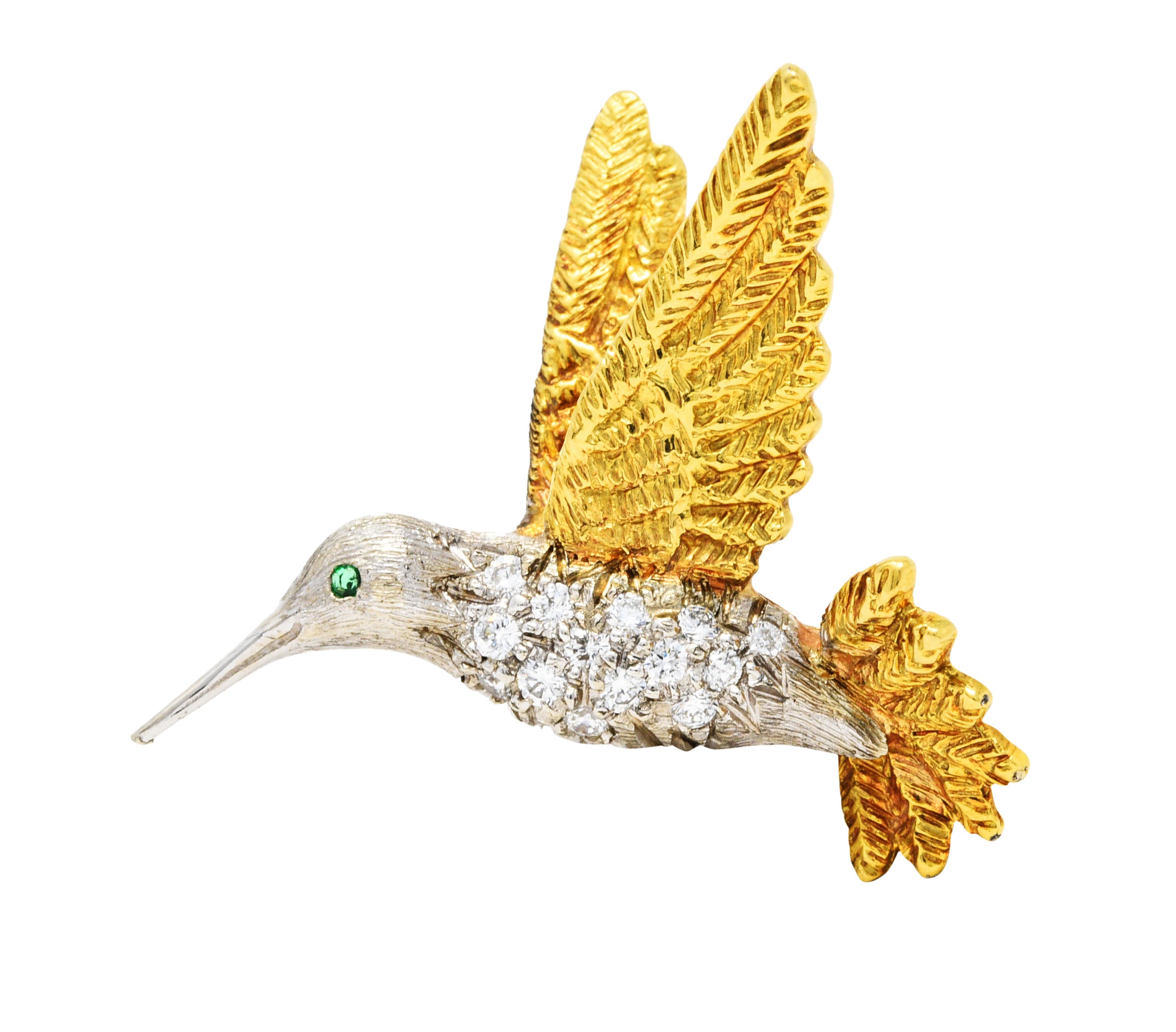 1970's Vintage Emerald Diamond 18 Karat Two-tone Gold Hummingbird 