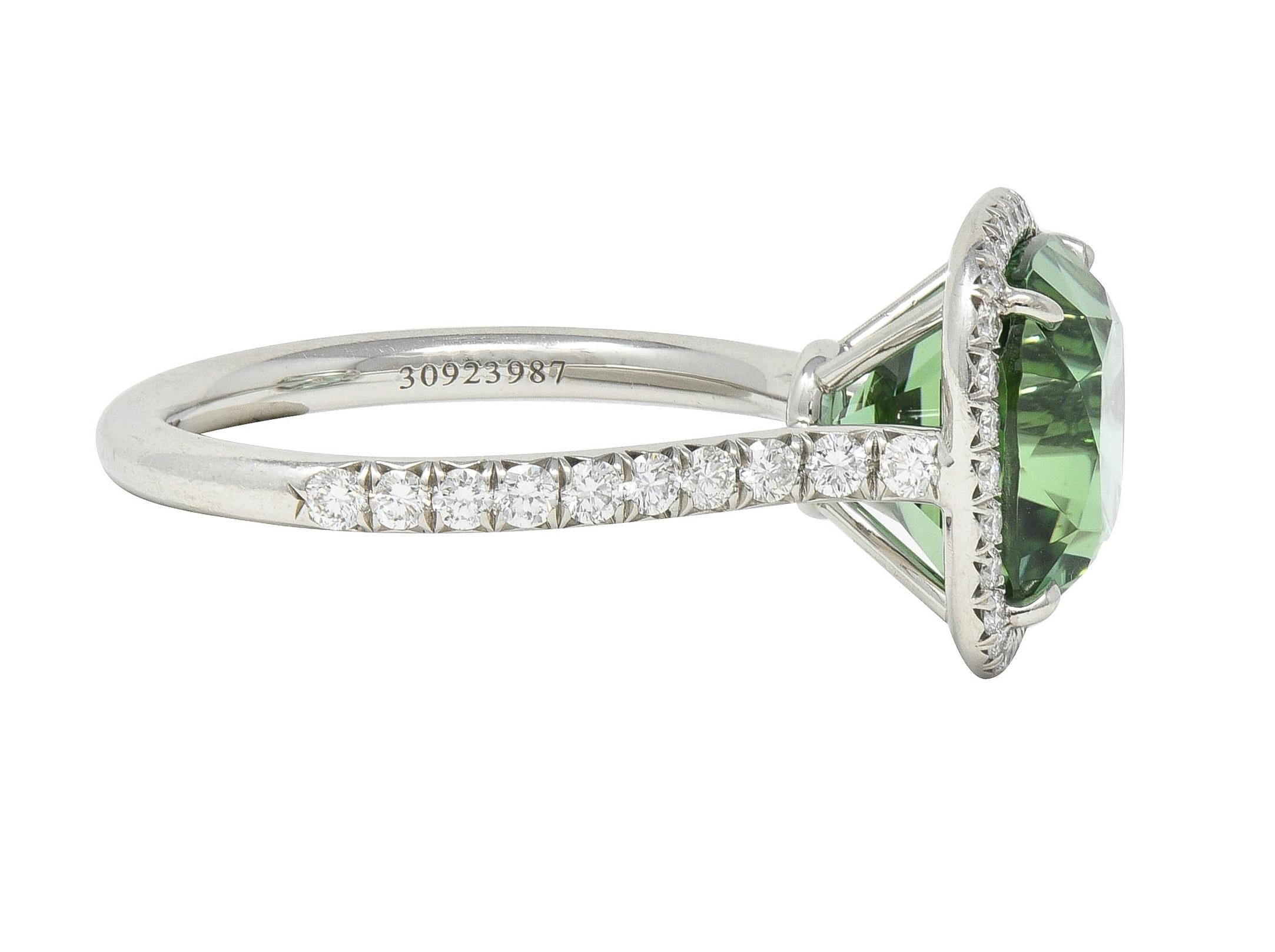 Tiffany & Co. 4.38 CTW Green Tourmaline Diamond Platinum Soleste Halo Ring