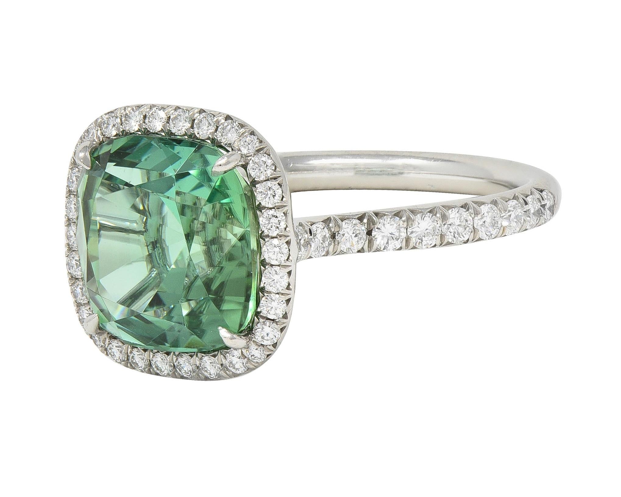 Tiffany & Co. 4.38 CTW Green Tourmaline Diamond Platinum Soleste Halo Ring