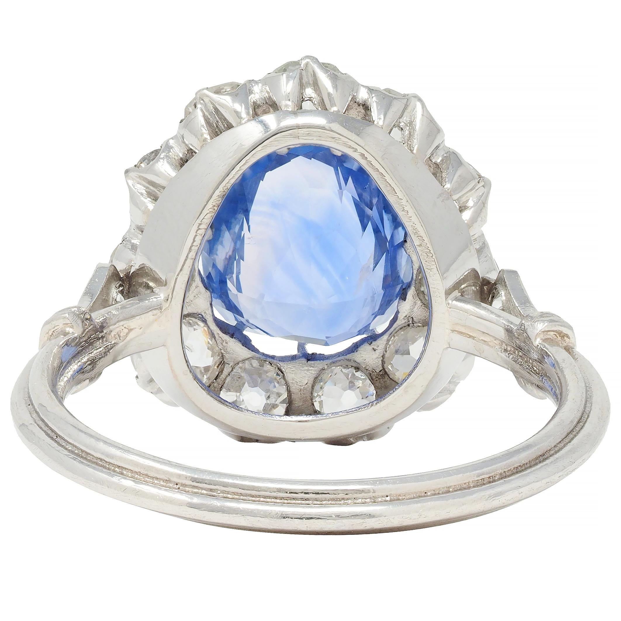 Art Deco Vintage No Heat Ceylon Sapphire Diamond Platinum Pear Halo Ring GIA