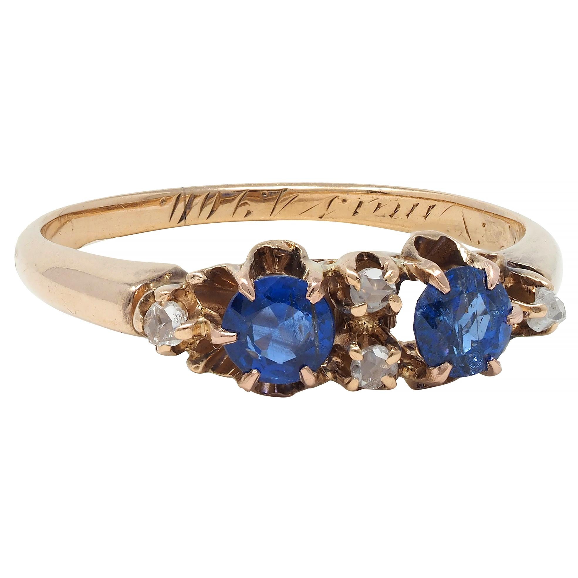 Late Victorian 1900 Sapphire Diamond 14 Karat Gold Antique Belcher Band Ring