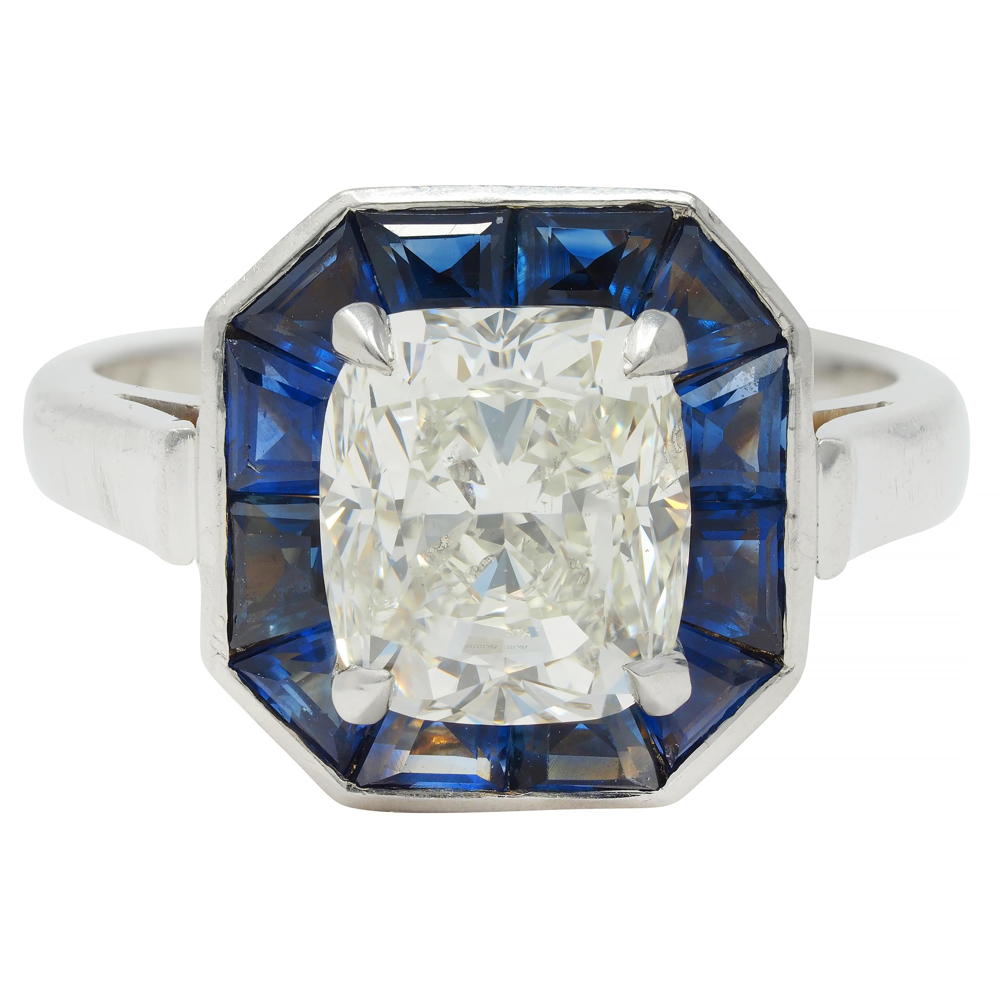 4.97 CTW Cushion Cut Diamond Sapphire Platinum Vintage Halo Ring GIA