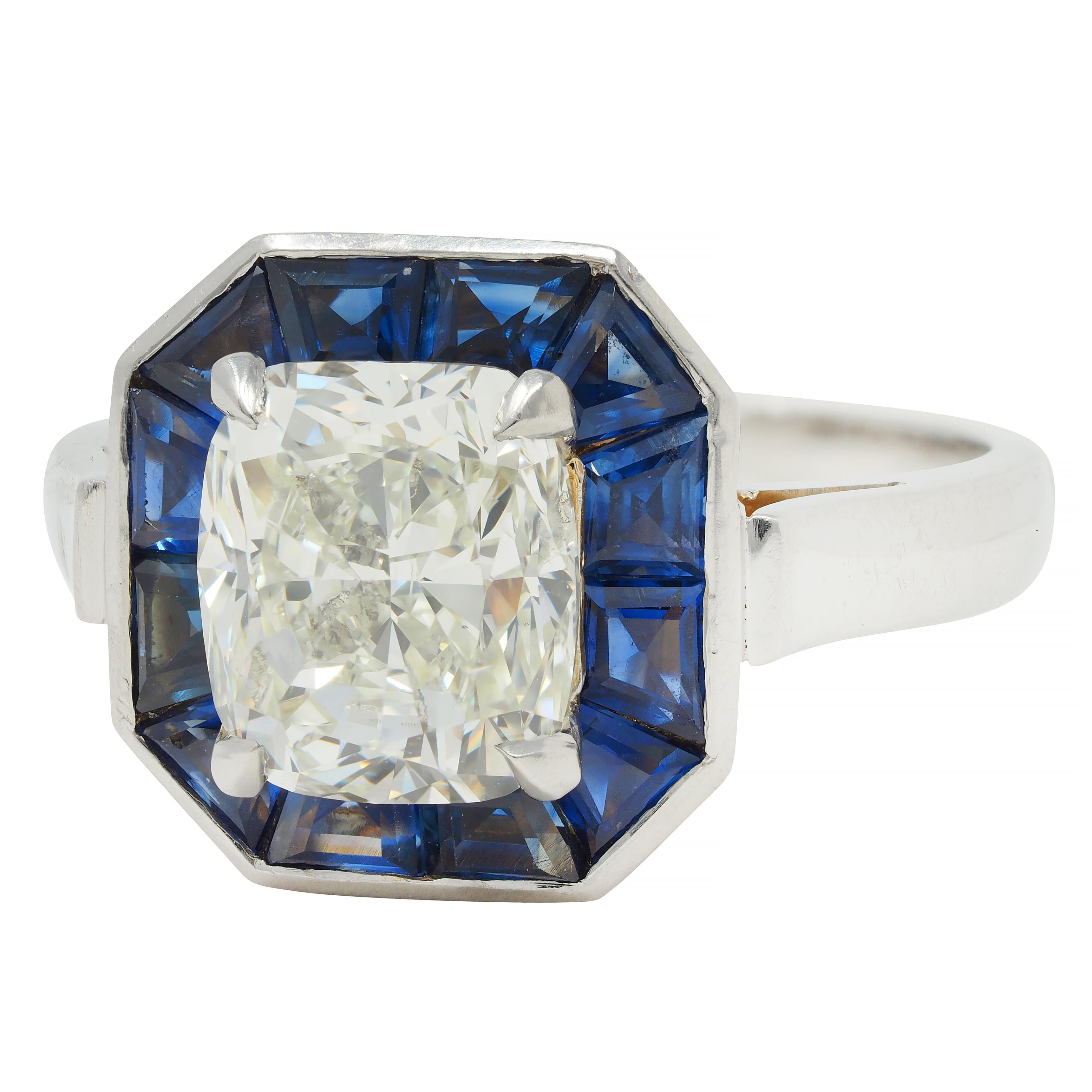 4.97 CTW Cushion Cut Diamond Sapphire Platinum Vintage Halo Ring GIA