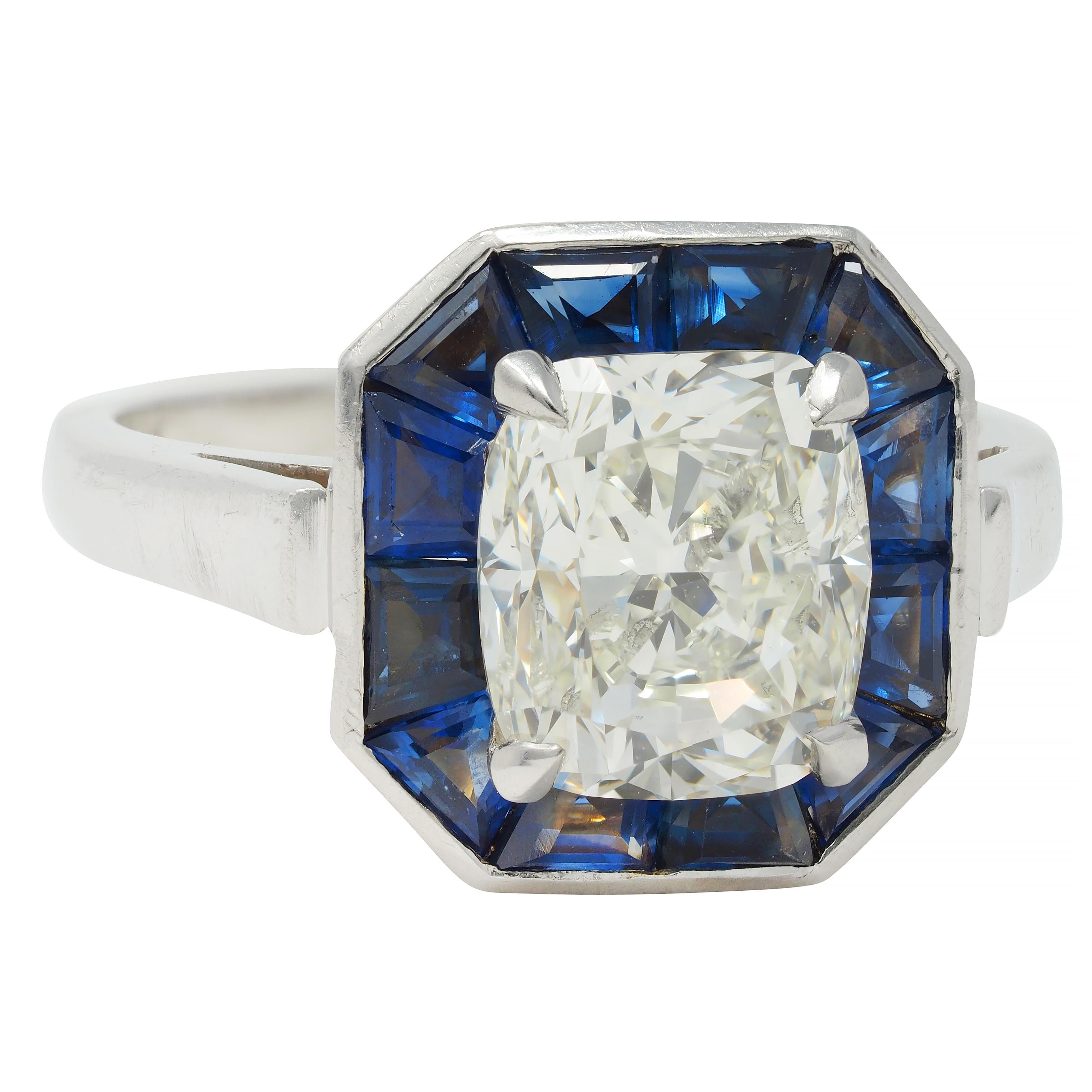 4.97 CTW Cushion Cut Diamond Sapphire Platinum Vintage Halo Ring GIA