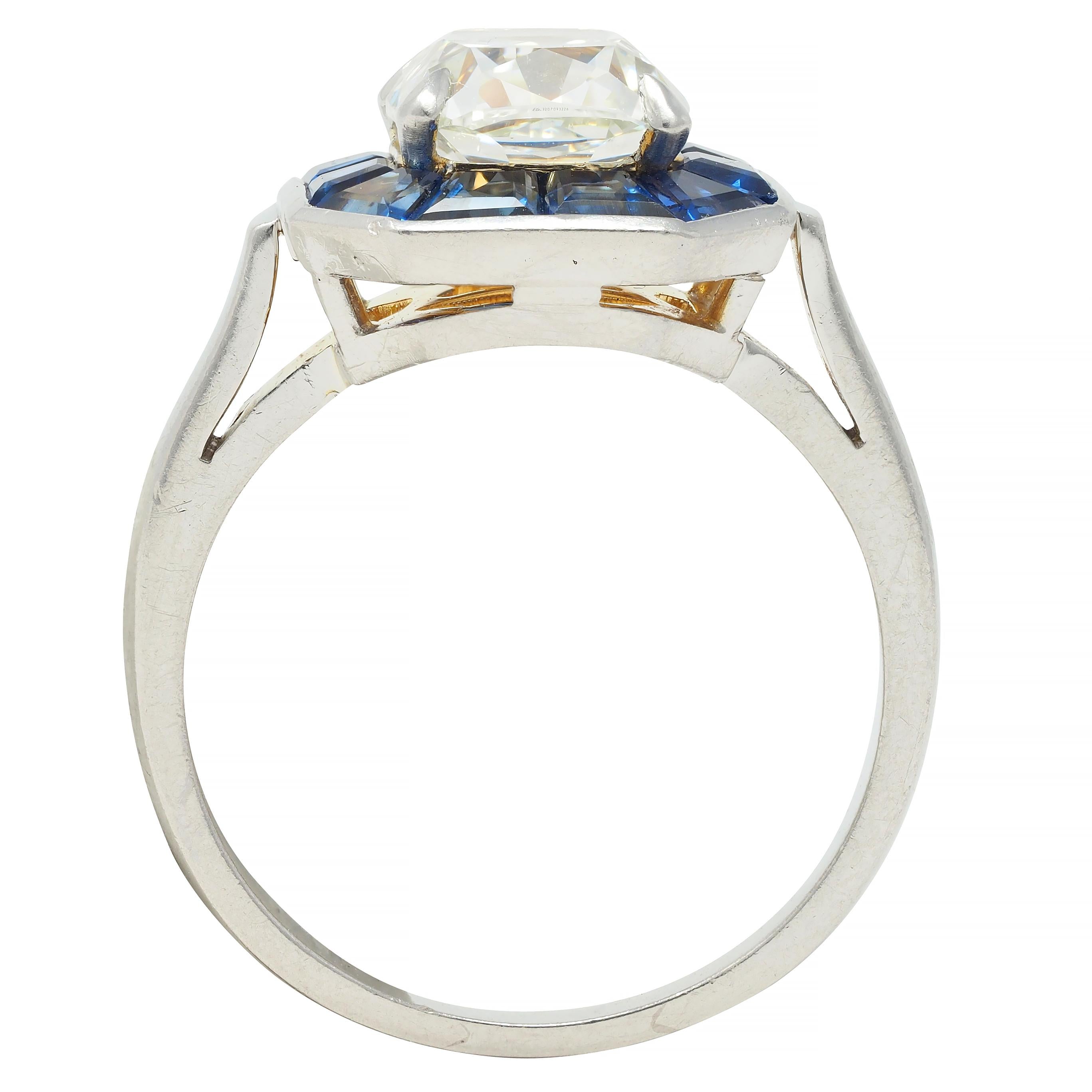 4.97 CTW Cushion Cut Diamond Sapphire Platinum Vintage Halo Ring GIA