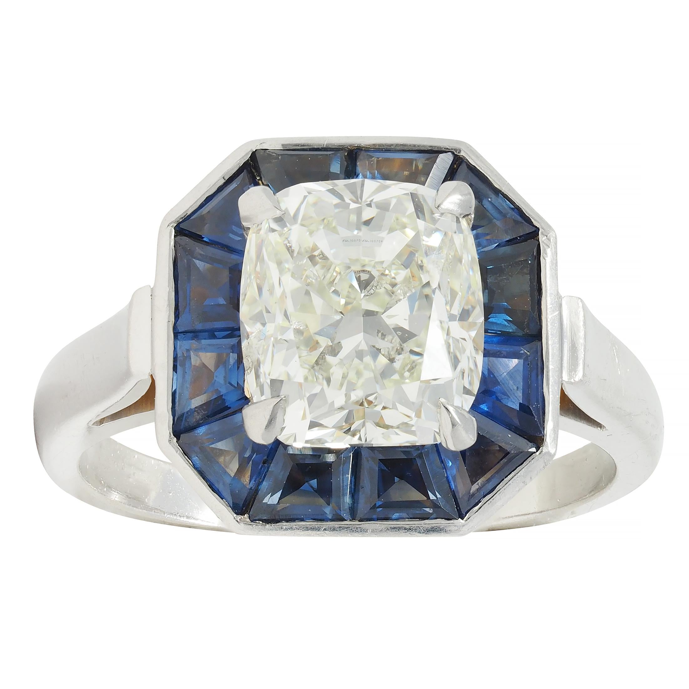 4.97 CTW Cushion Cut Diamond Sapphire Platinum Vintage Halo Ring GIA