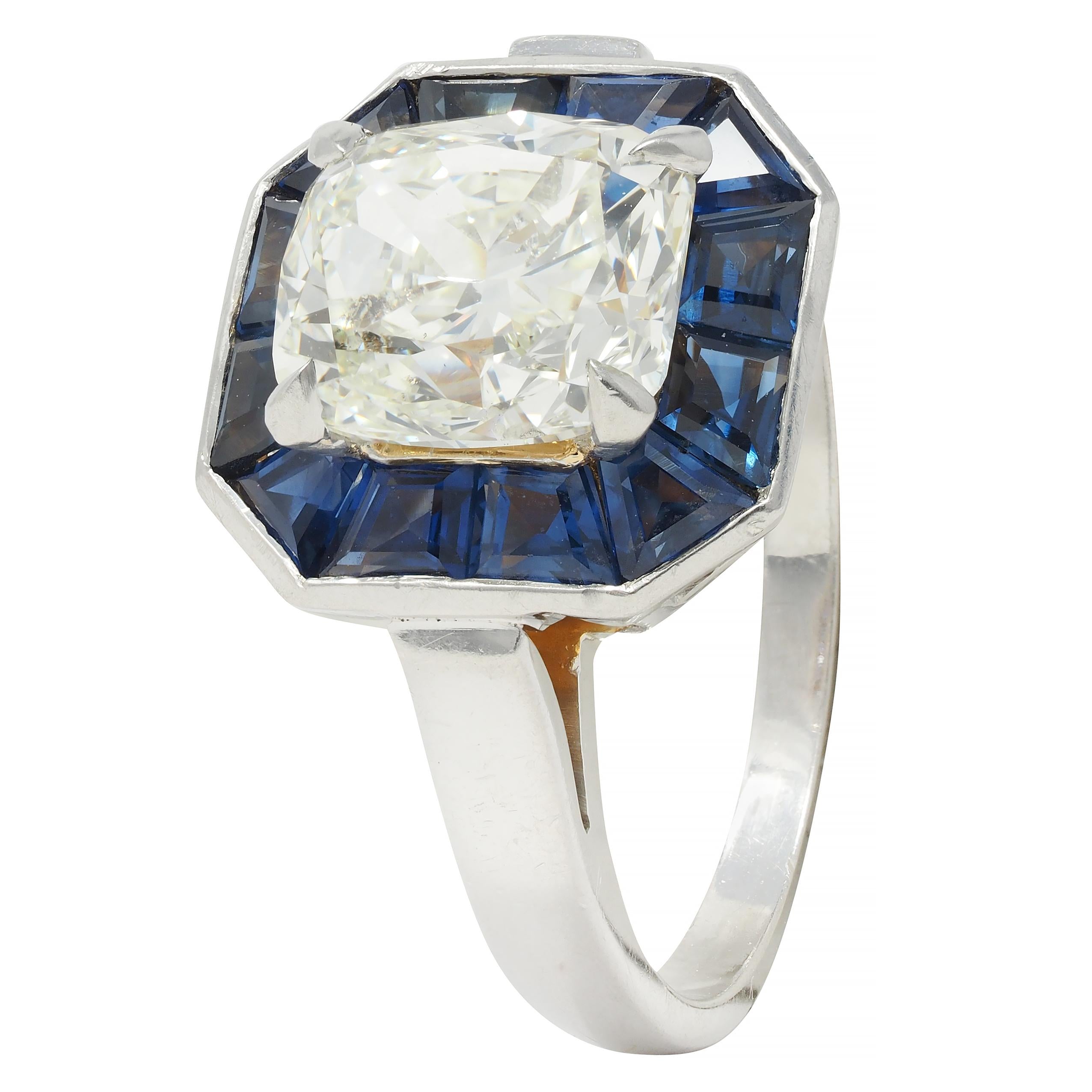 4.97 CTW Cushion Cut Diamond Sapphire Platinum Vintage Halo Ring GIA