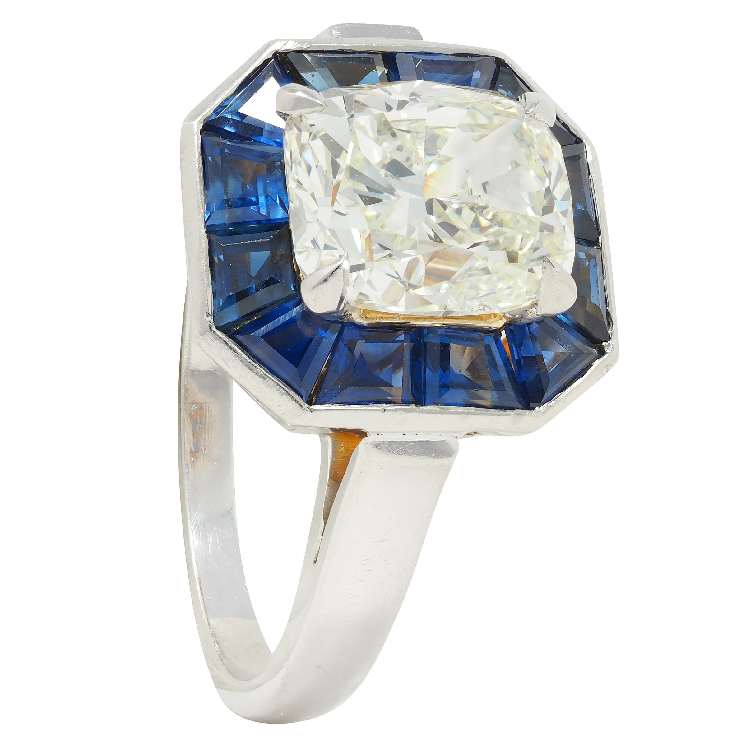 4.97 CTW Cushion Cut Diamond Sapphire Platinum Vintage Halo Ring GIA