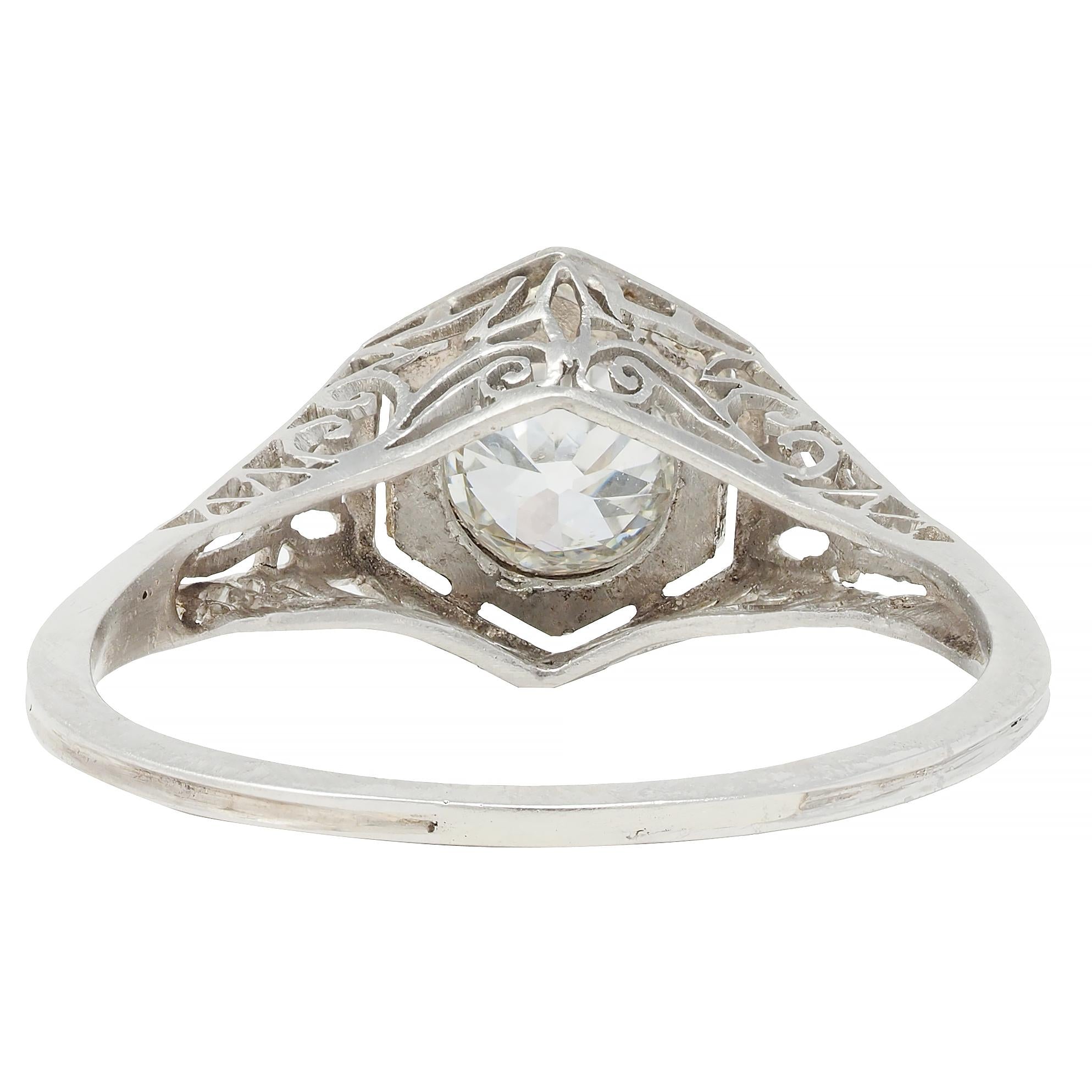 Art Deco Vintage Old European Diamond Platinum Scrolling Lotus Engagement Ring