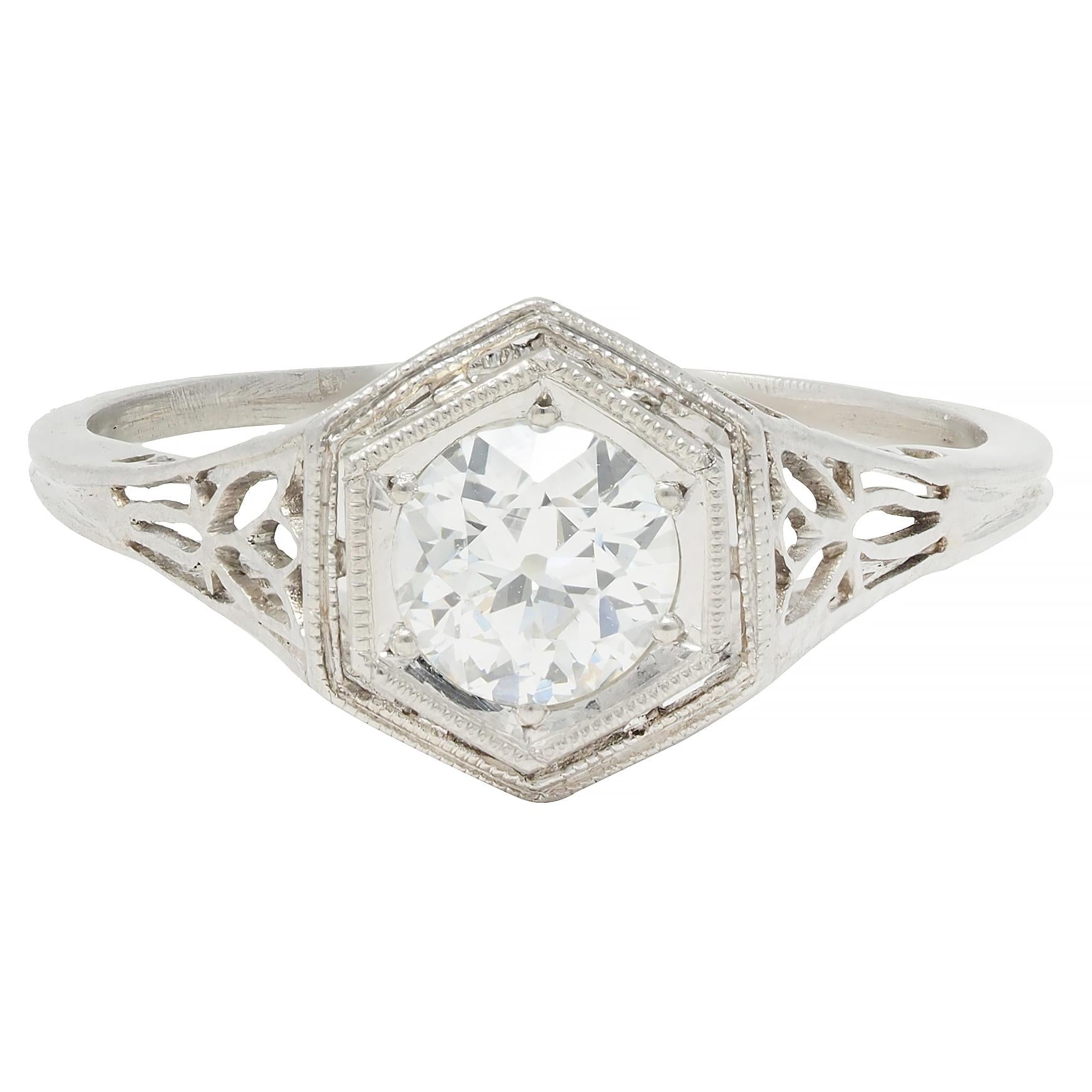 Art Deco Vintage Old European Diamond Platinum Scrolling Lotus Engagement Ring