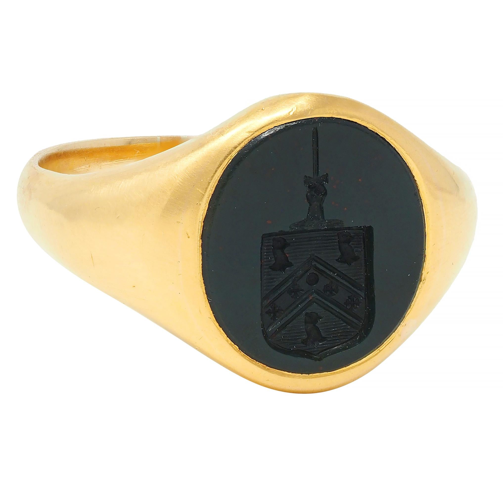 Victorian Bloodstone 18K Yellow Gold Crest Antique Unisex Shield Signet Ring