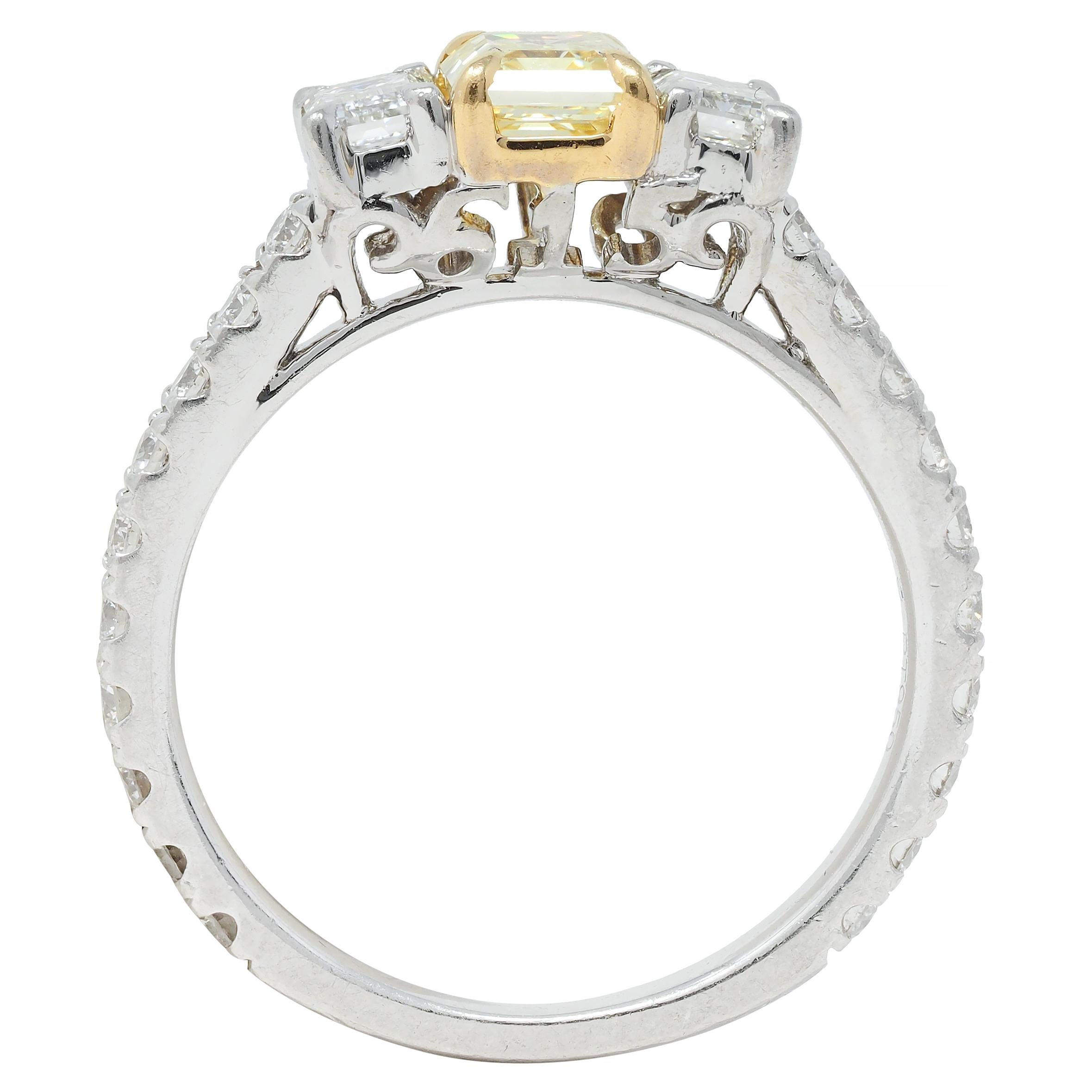 1.61 CTW Fancy Yellow Emerald Cut Diamond Platinum 18K Gold Engagement Ring