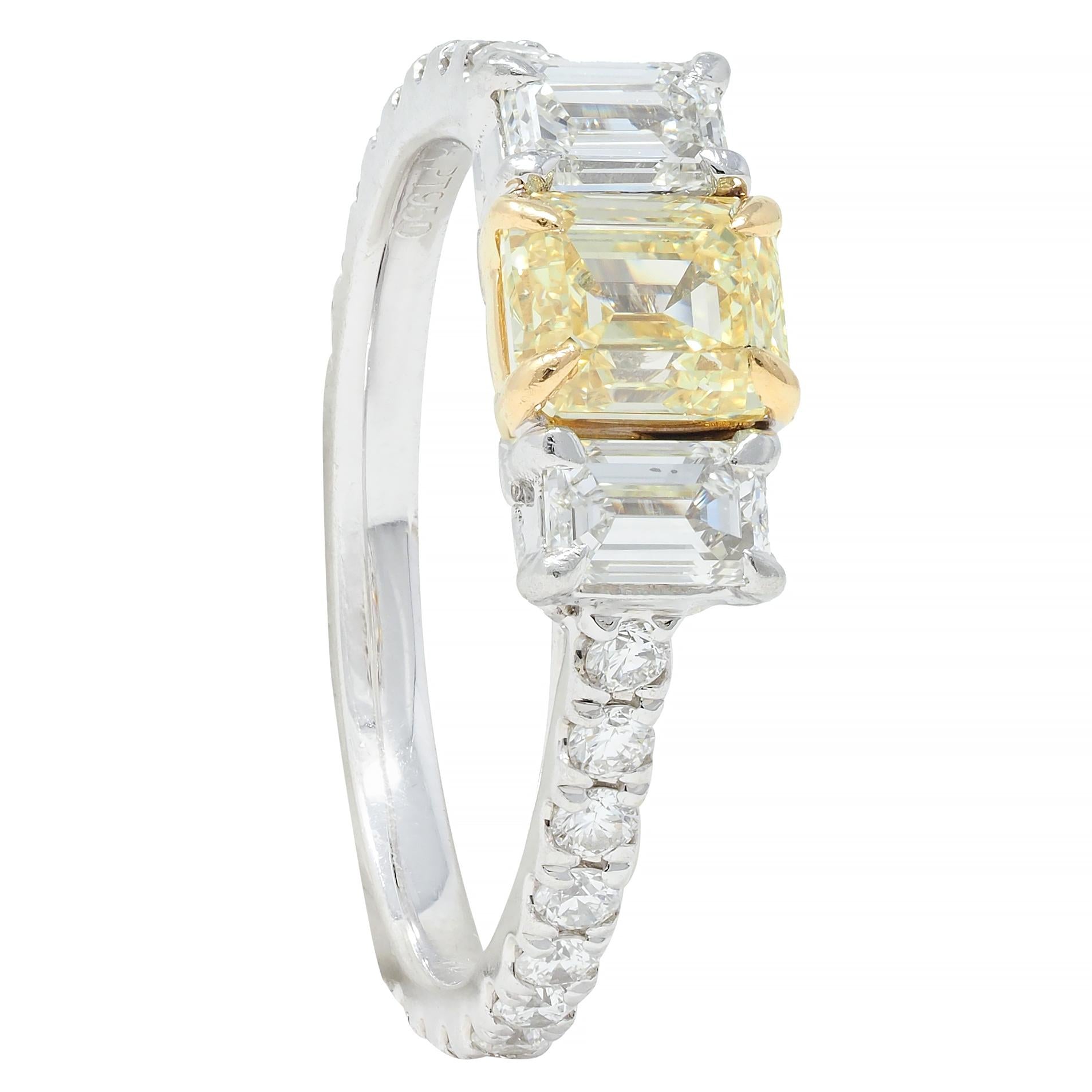 1.61 CTW Fancy Yellow Emerald Cut Diamond Platinum 18K Gold Engagement Ring