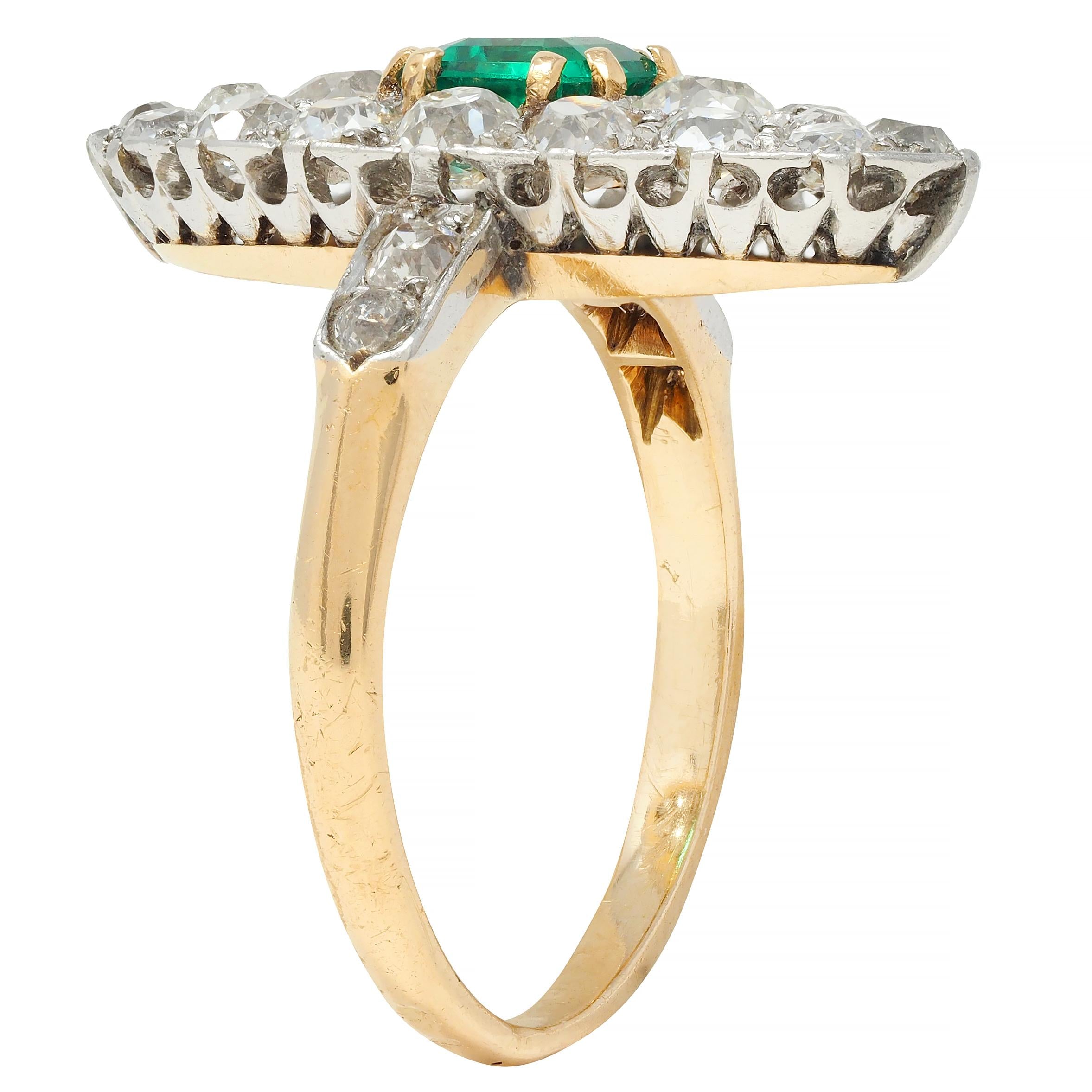 Edwardian French Antique Emerald Diamond Platinum 14 Karat Gold Navette Ring