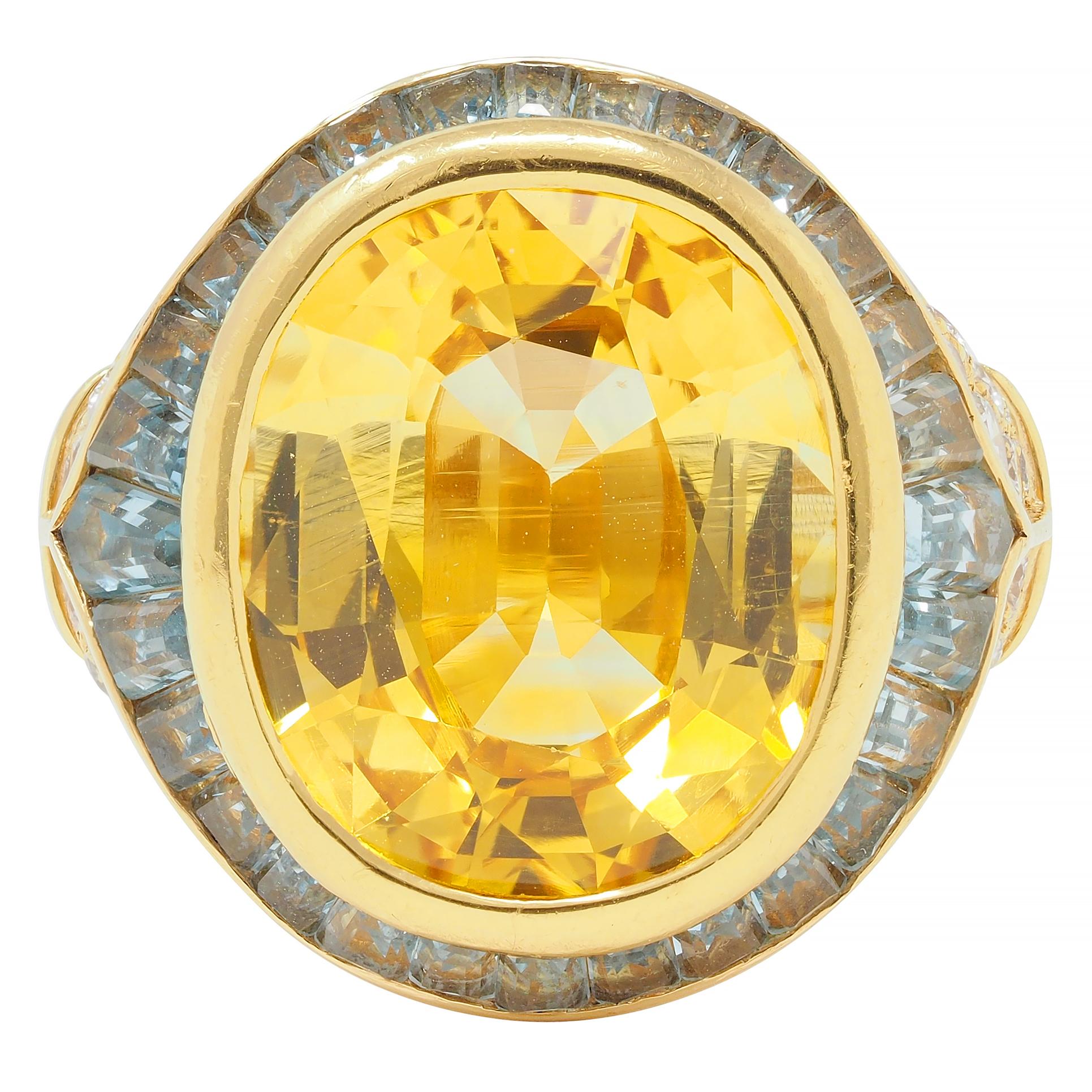 Bulgari Vintage Yellow Sapphire Aquamarine Diamond 18 Karat Gold Halo Ring