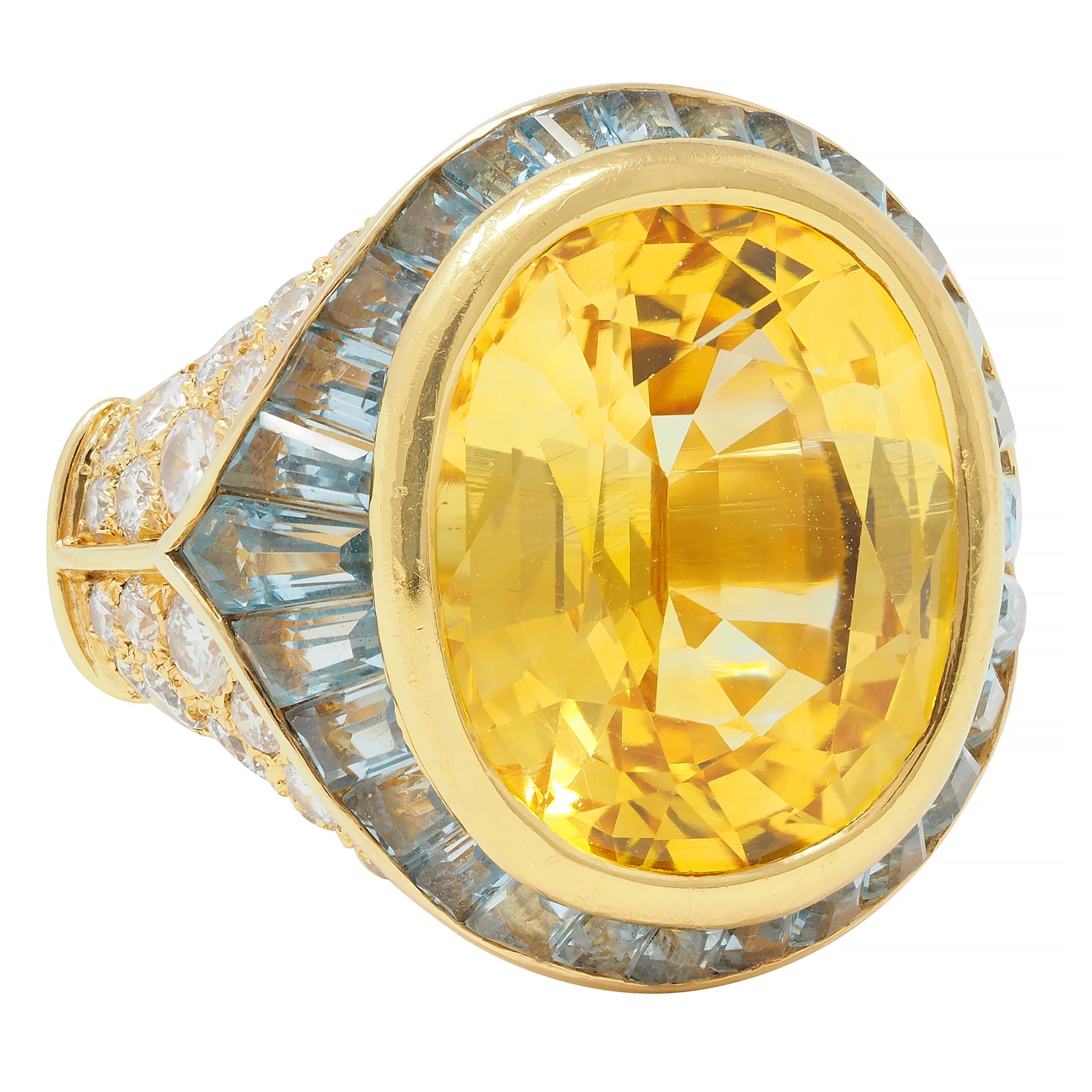 Bulgari Vintage Yellow Sapphire Aquamarine Diamond 18 Karat Gold Halo Ring