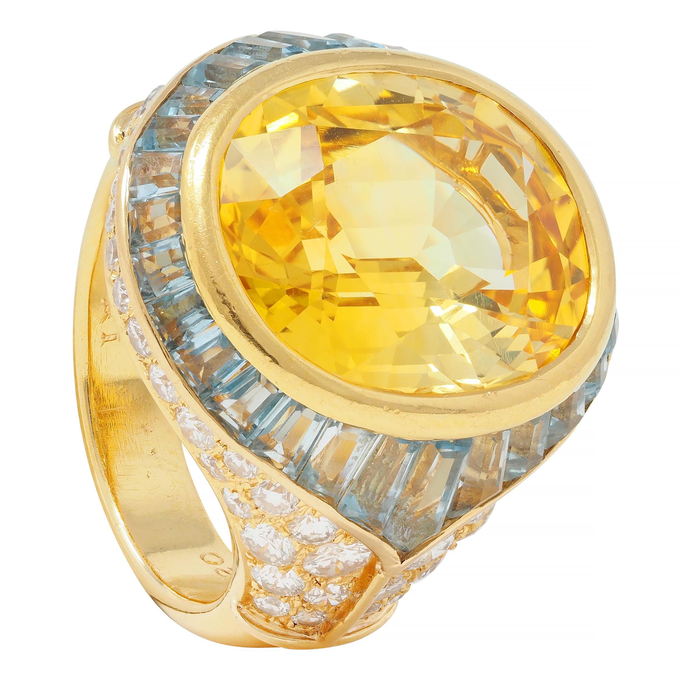 Bulgari Vintage Yellow Sapphire Aquamarine Diamond 18 Karat Gold Halo Ring