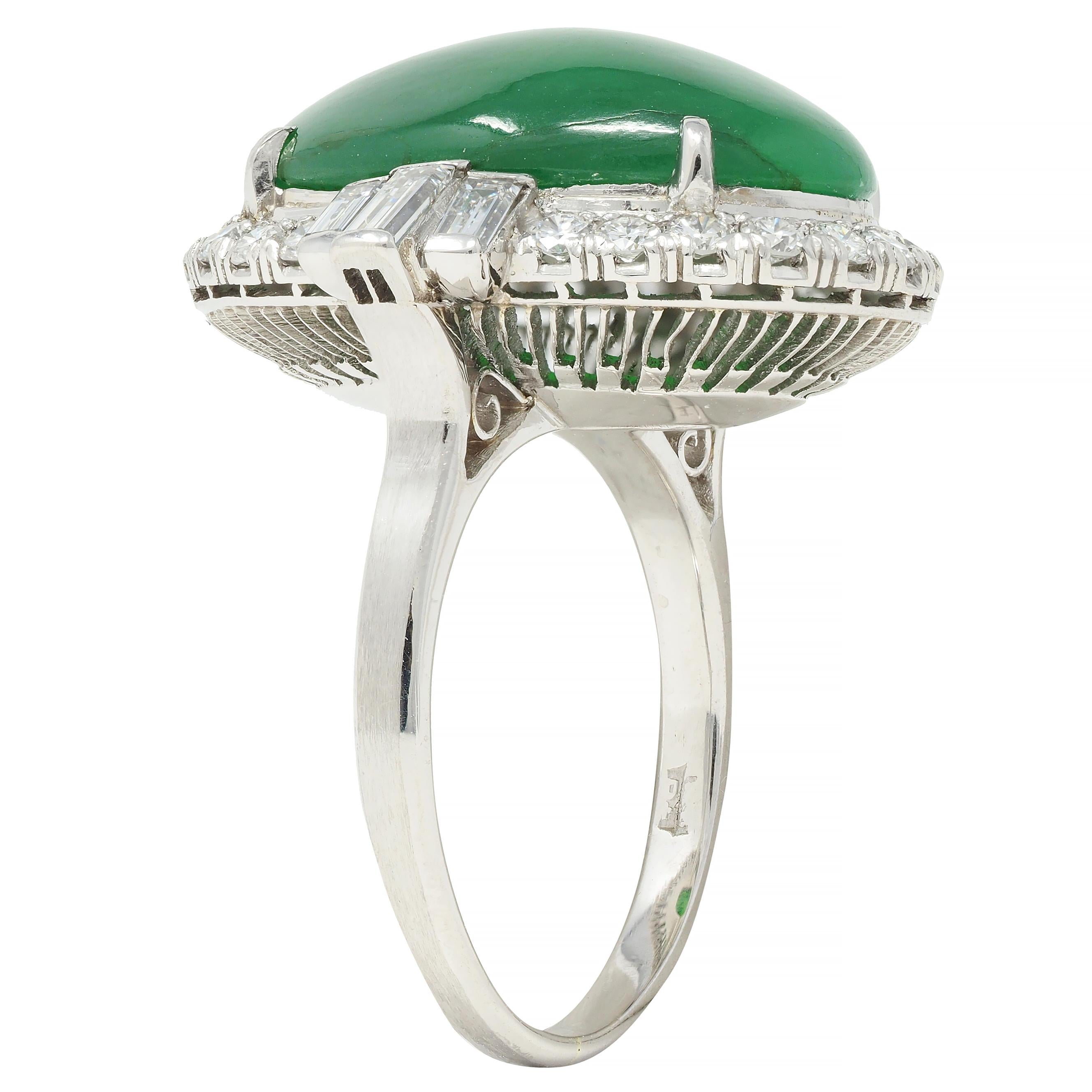 Mid-Century Natural Jadeite Jade Diamond Platinum Vintage Halo Ring GIA