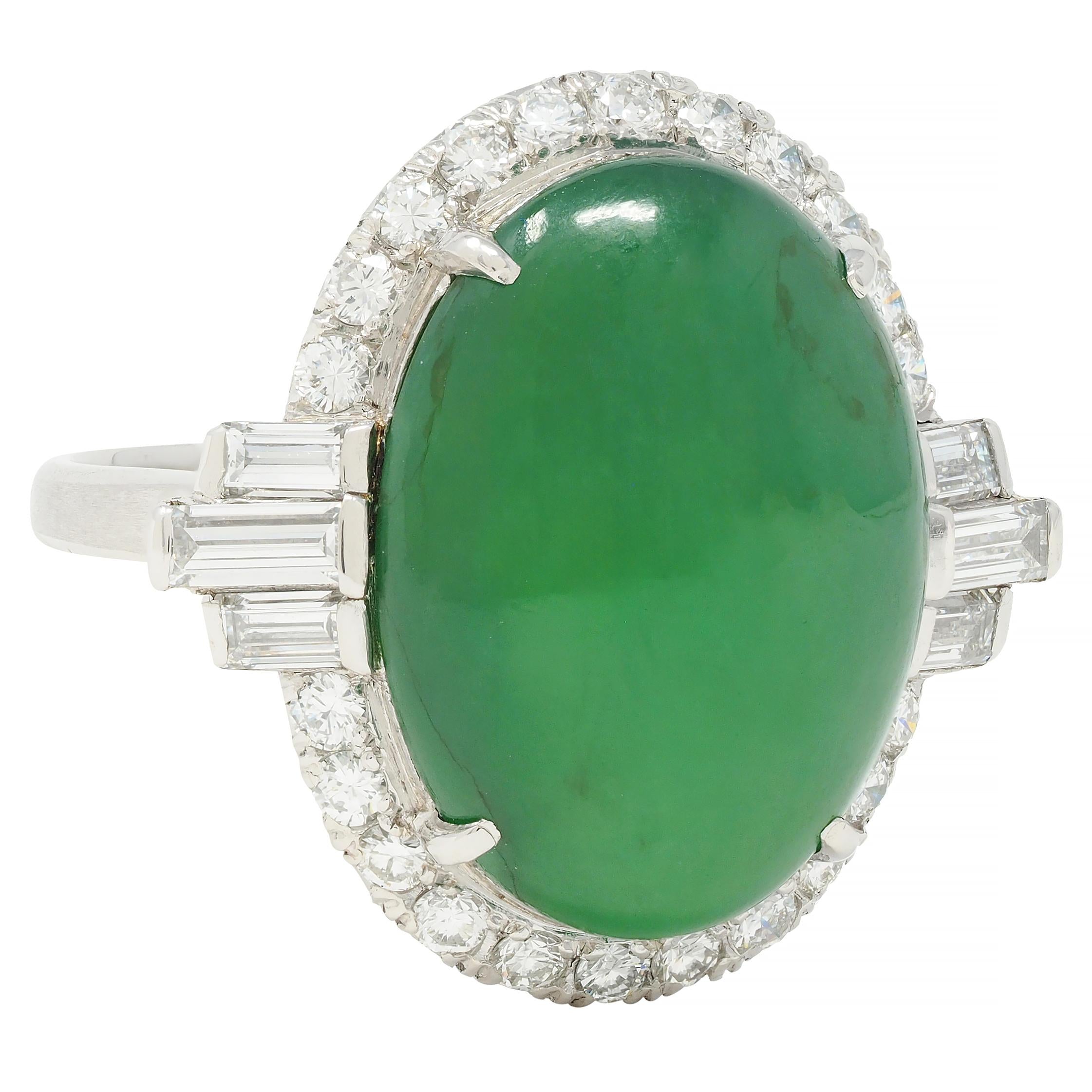 Mid-Century Natural Jadeite Jade Diamond Platinum Vintage Halo Ring GIA