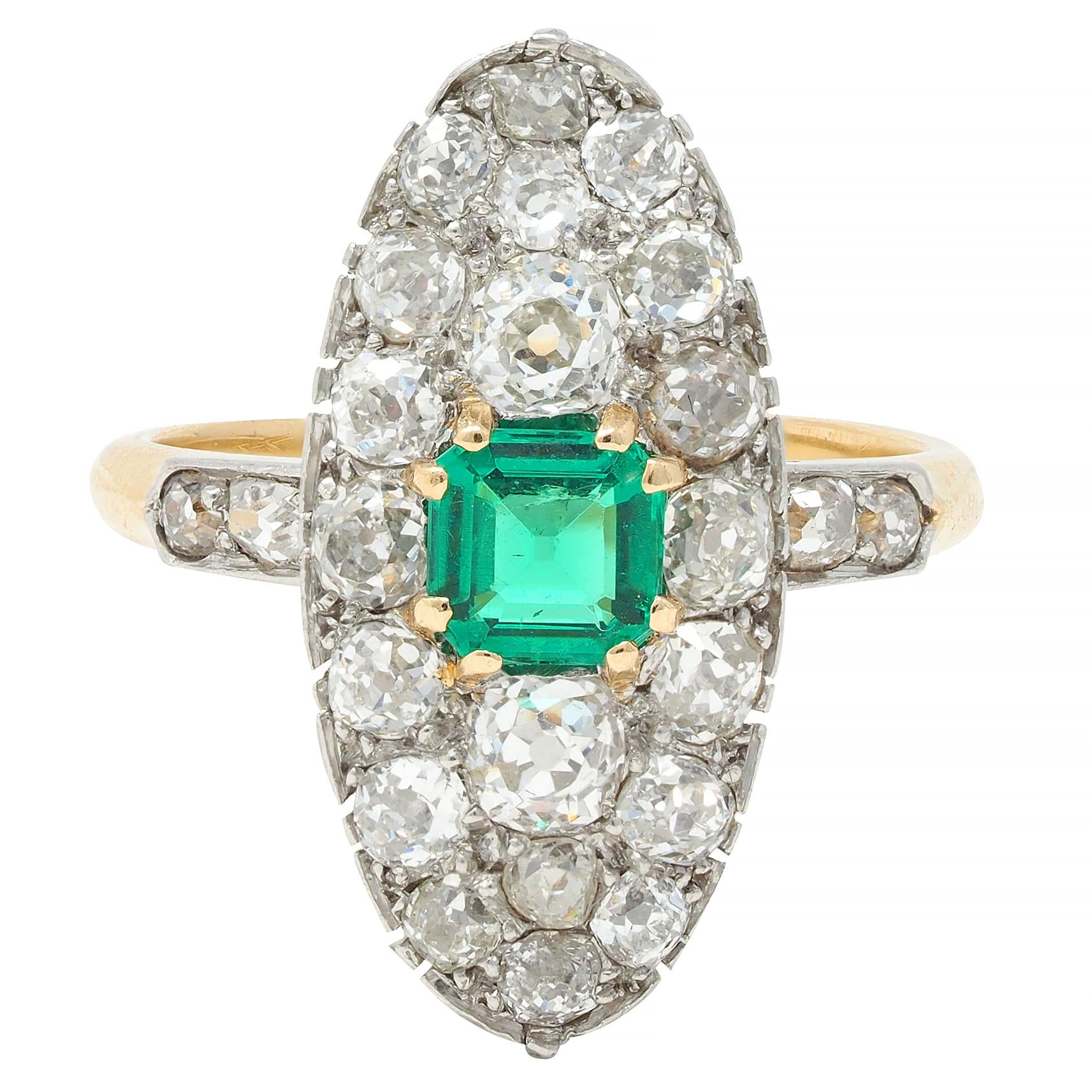 Edwardian French Antique Emerald Diamond Platinum 14 Karat Gold Navette Ring