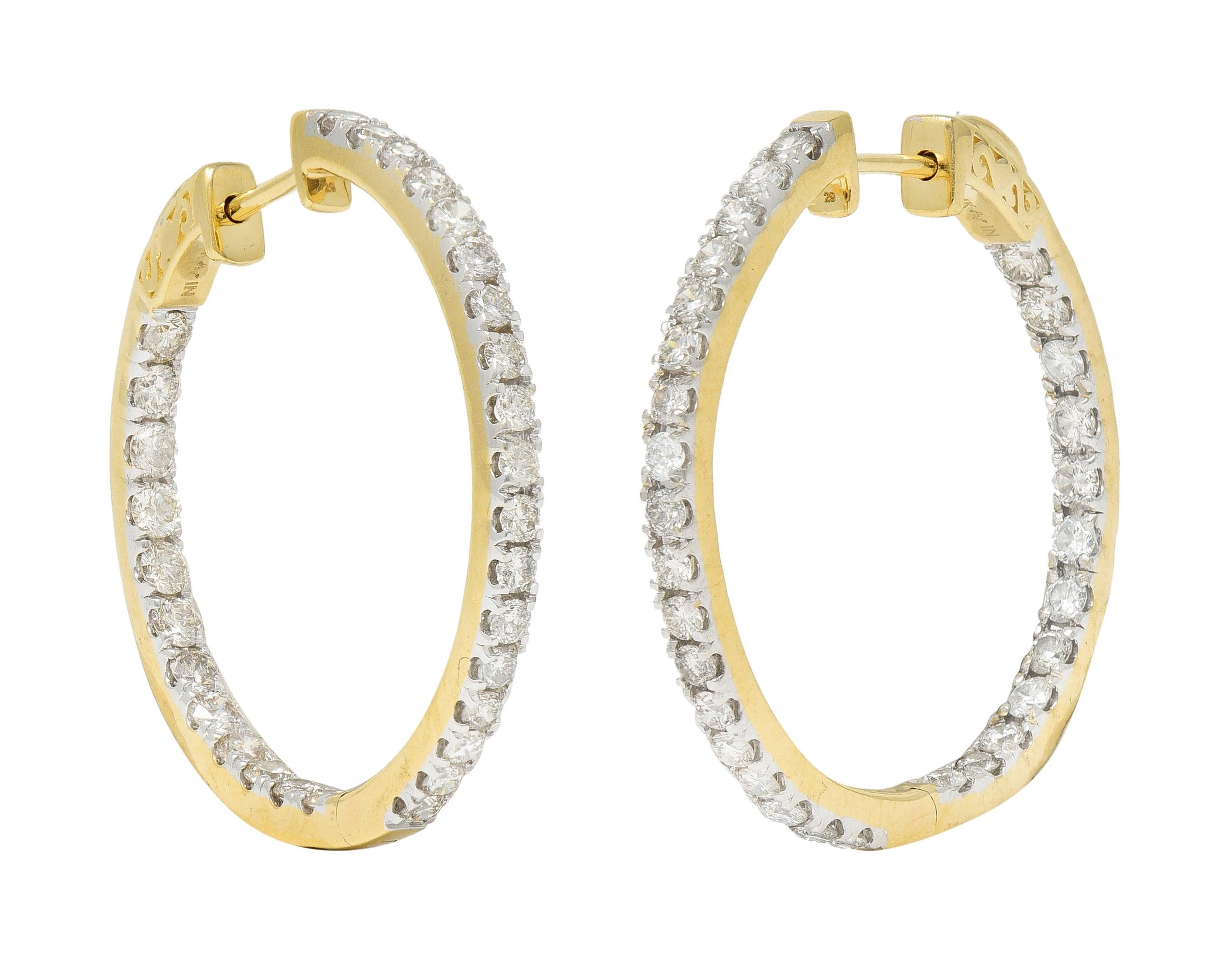 Contemporary 1.80 CTW Diamond 14 Karat Gold Inside Outside 34 MM Hoop Earrrings