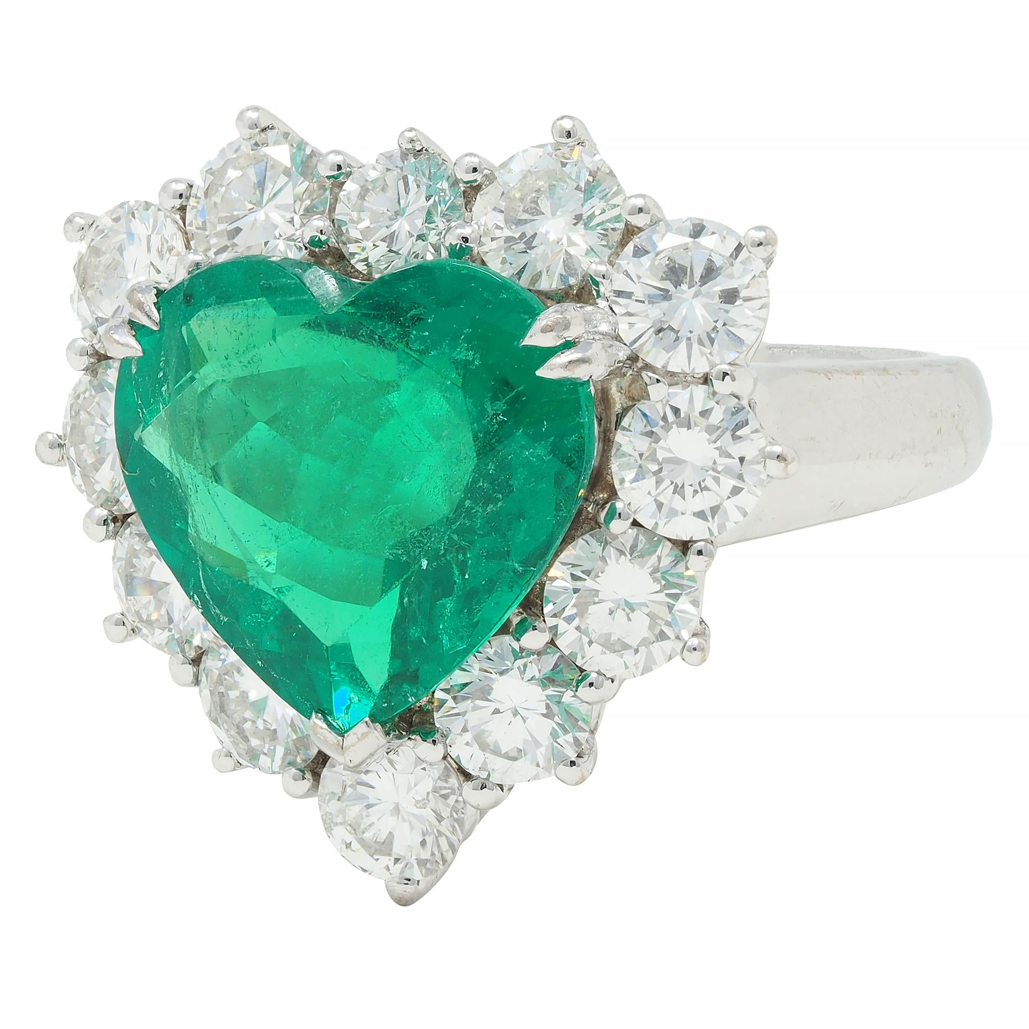 Contemporary 7.00 CTW Colombian Emerald Diamond 18 Karat Gold Heart Halo Ring