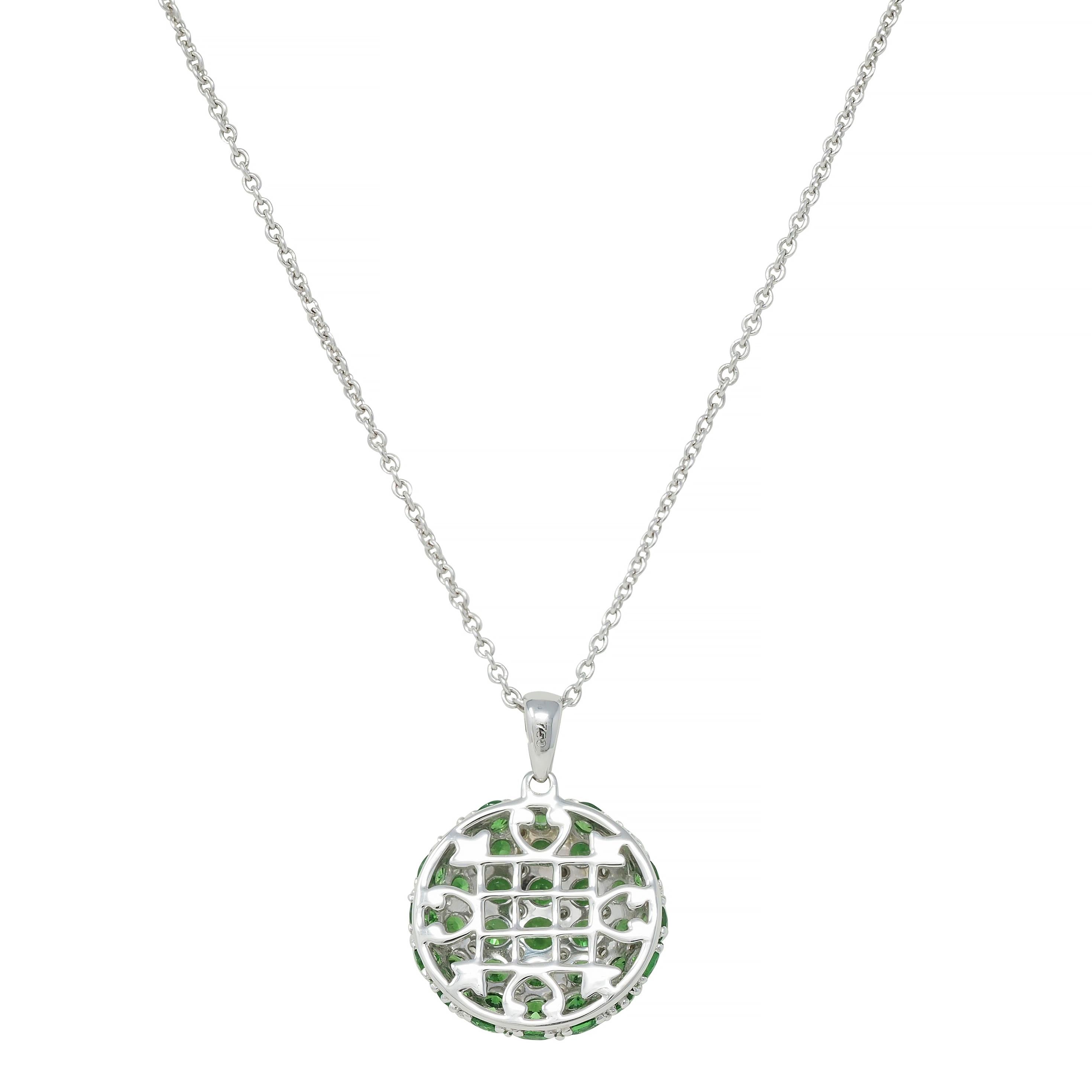 2.85 CTW Demantoid Garnet 18 Karat White Gold Circle Pendant Necklace