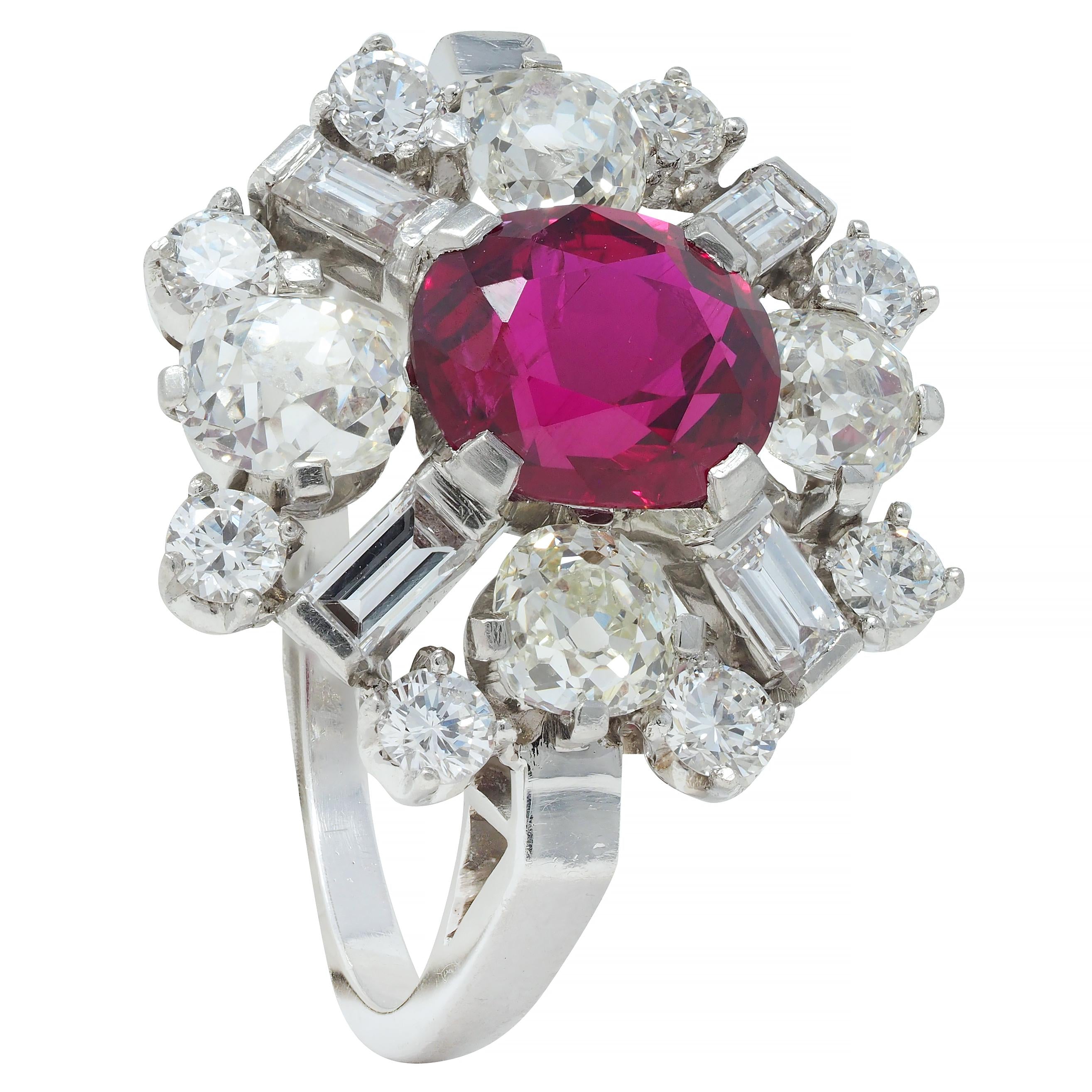 1950's Vintage 4.53 CTW Thai Ruby Diamond Platinum Burst Cluster Ring GIA