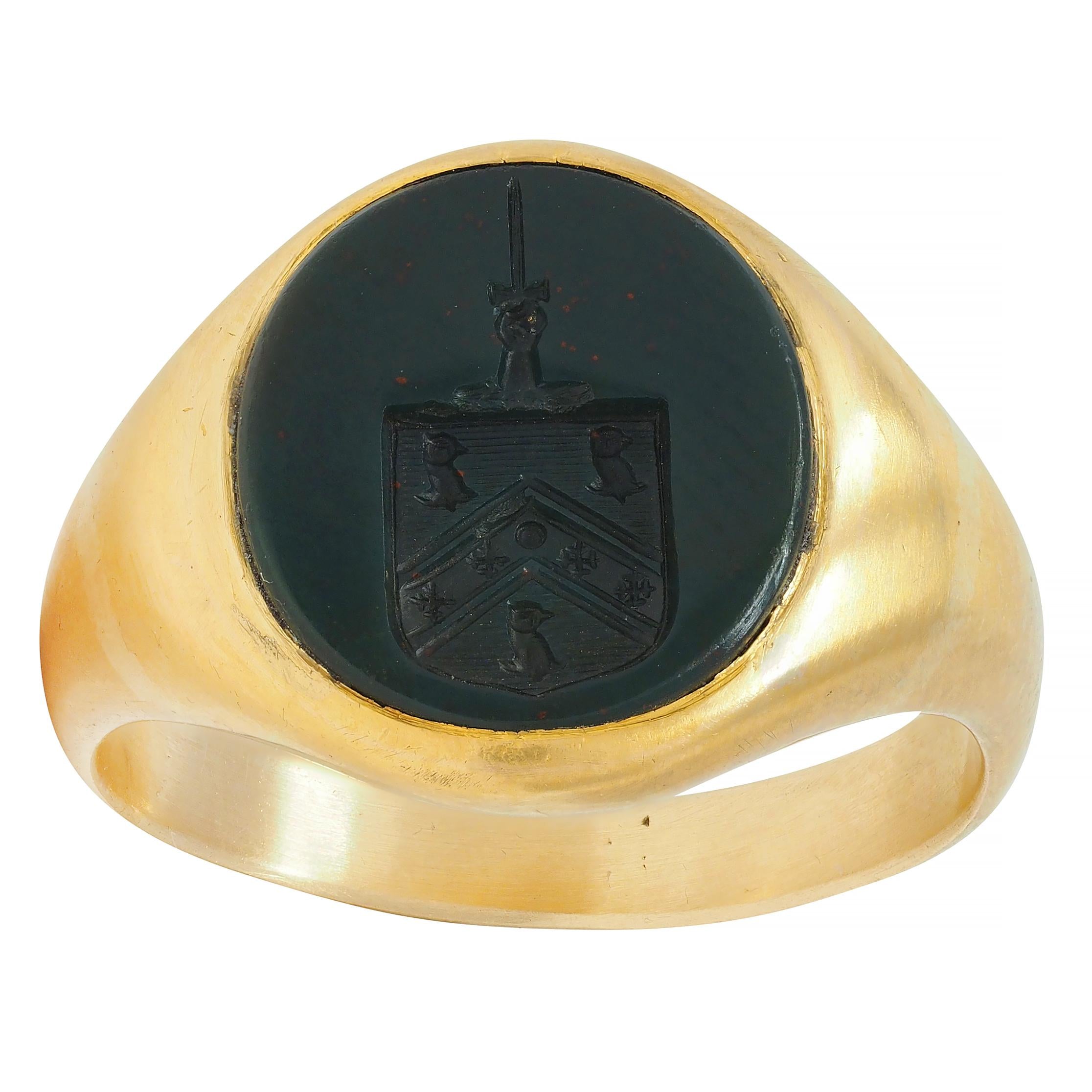 Victorian Bloodstone 18K Yellow Gold Crest Antique Unisex Shield Signet Ring