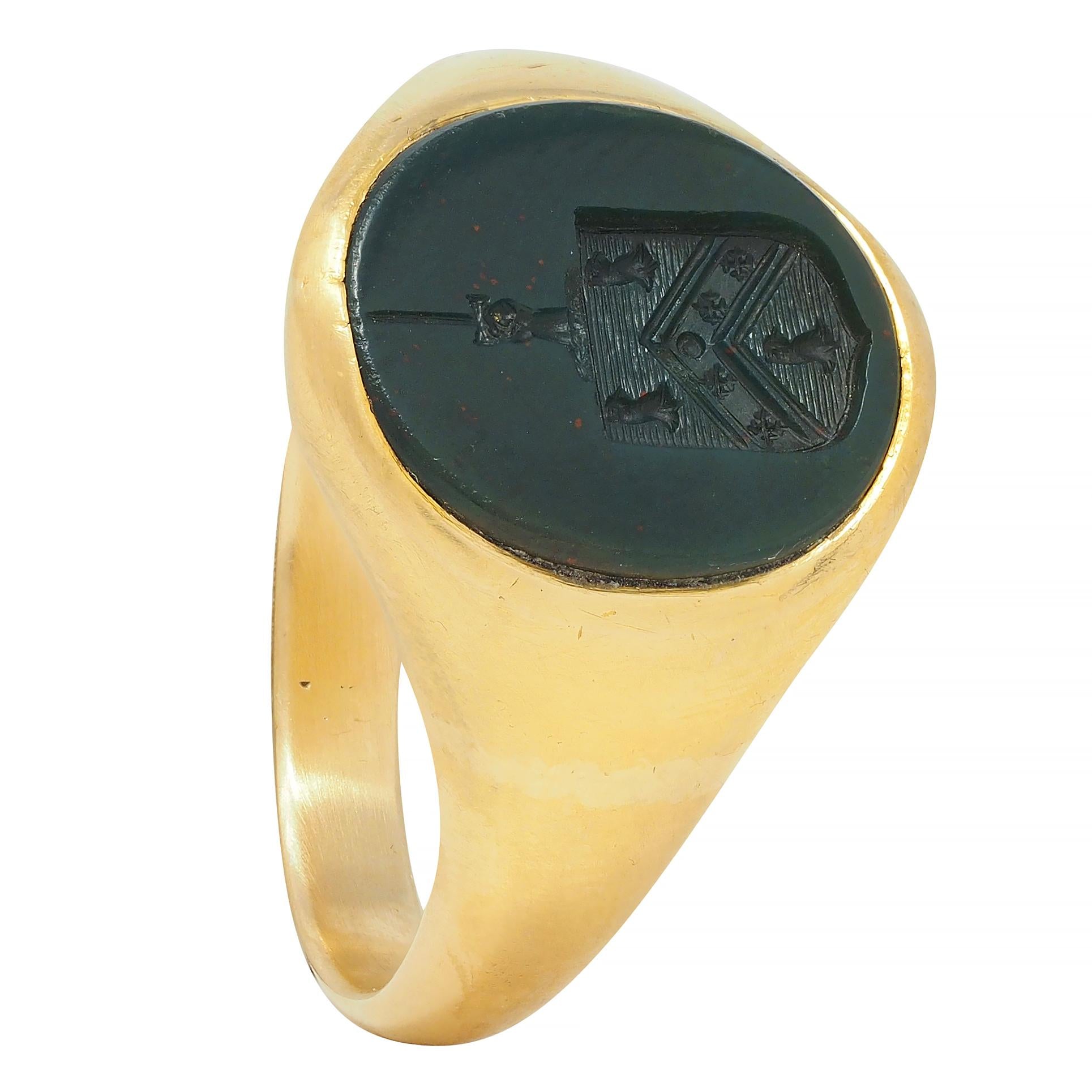 Victorian Bloodstone 18K Yellow Gold Crest Antique Unisex Shield Signet Ring