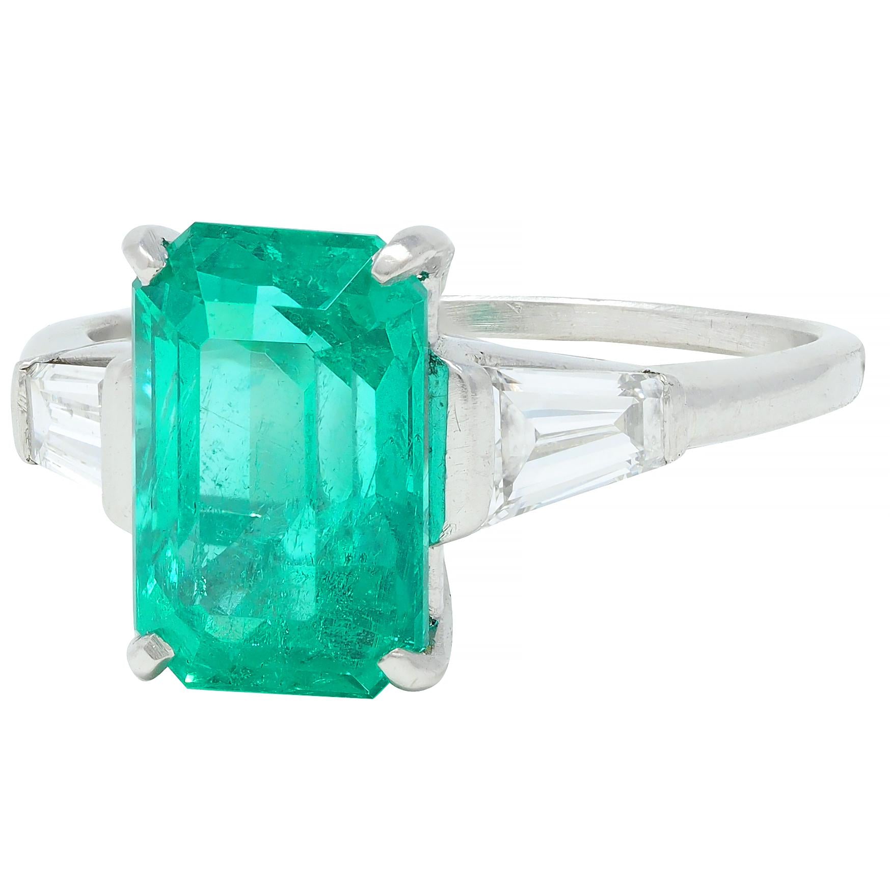 Mid-Century 3.43 CTW Colombian Emerald Diamond Platinum Three Stone Vintage Ring