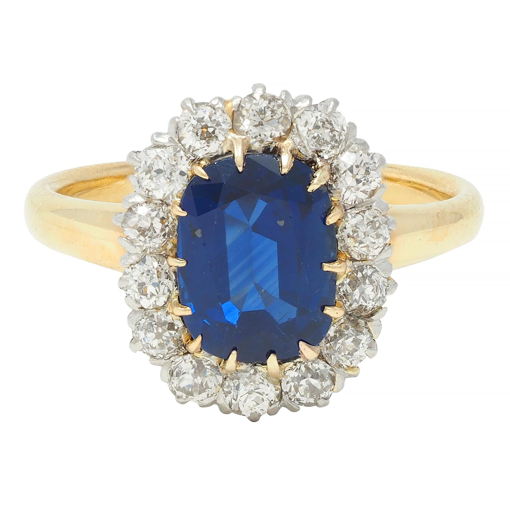 Edwardian 3.07 CTW No Heat Sapphire Diamond Platinum 18 Karat Gold Halo Ring