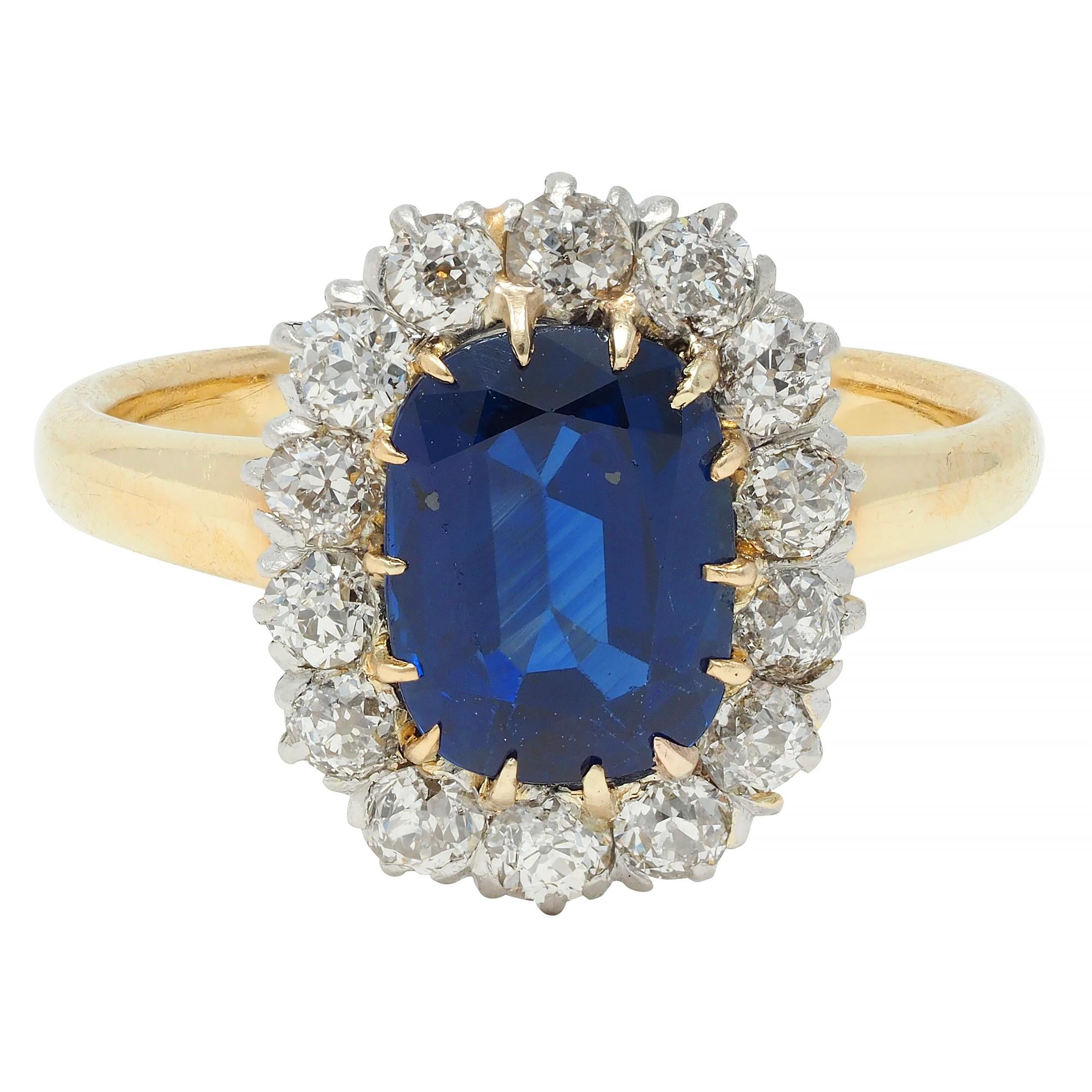 Edwardian 3.07 CTW No Heat Sapphire Diamond Platinum 18 Karat Gold Halo Ring