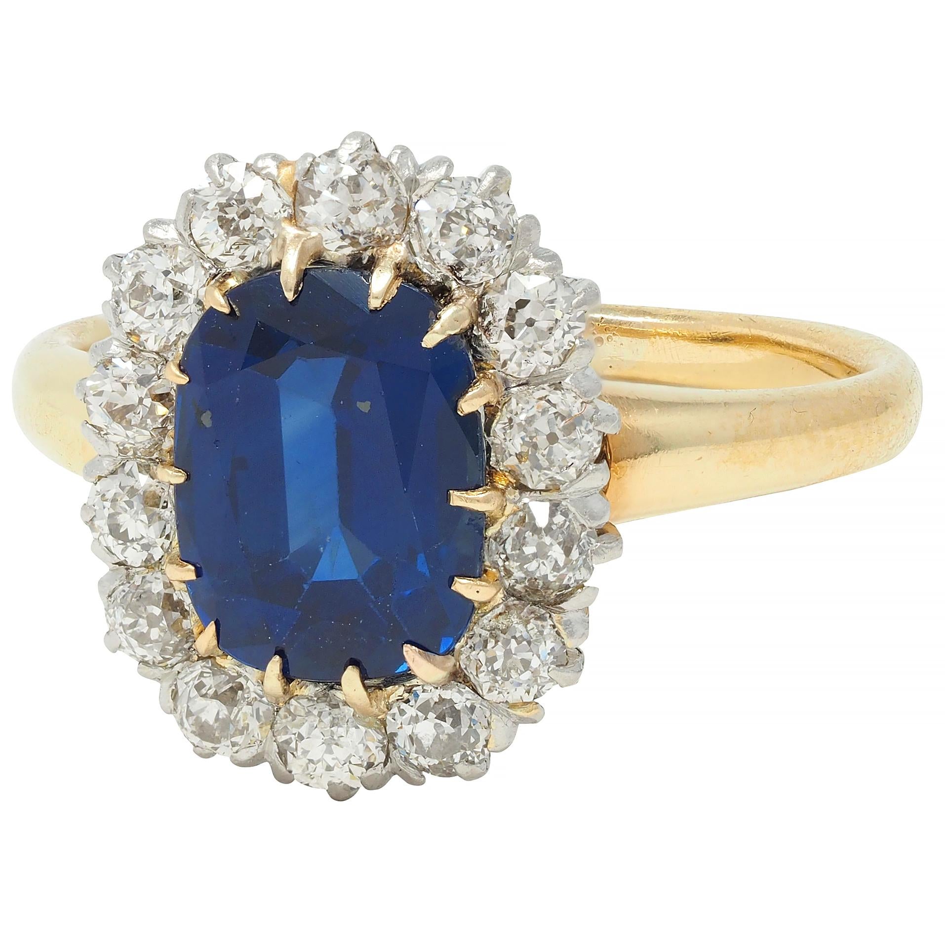 Edwardian 3.07 CTW No Heat Sapphire Diamond Platinum 18 Karat Gold Halo Ring