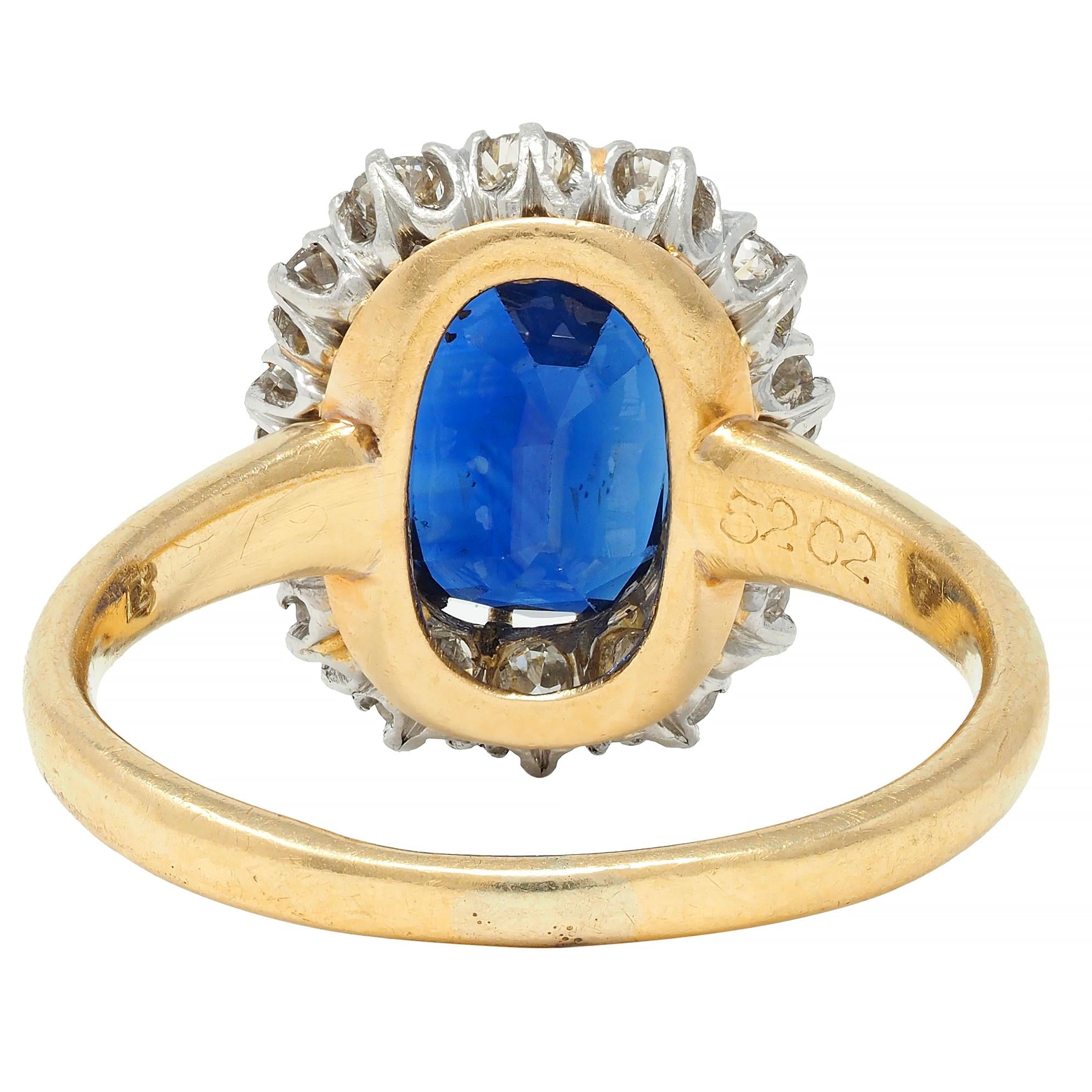 Edwardian 3.07 CTW No Heat Sapphire Diamond Platinum 18 Karat Gold Halo Ring