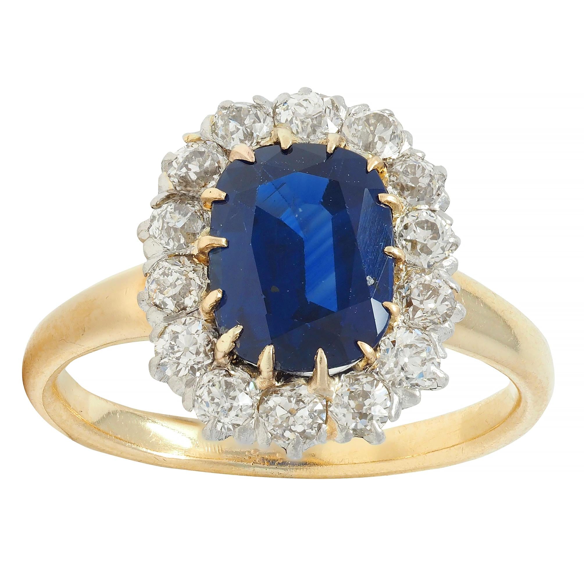 Edwardian 3.07 CTW No Heat Sapphire Diamond Platinum 18 Karat Gold Halo Ring