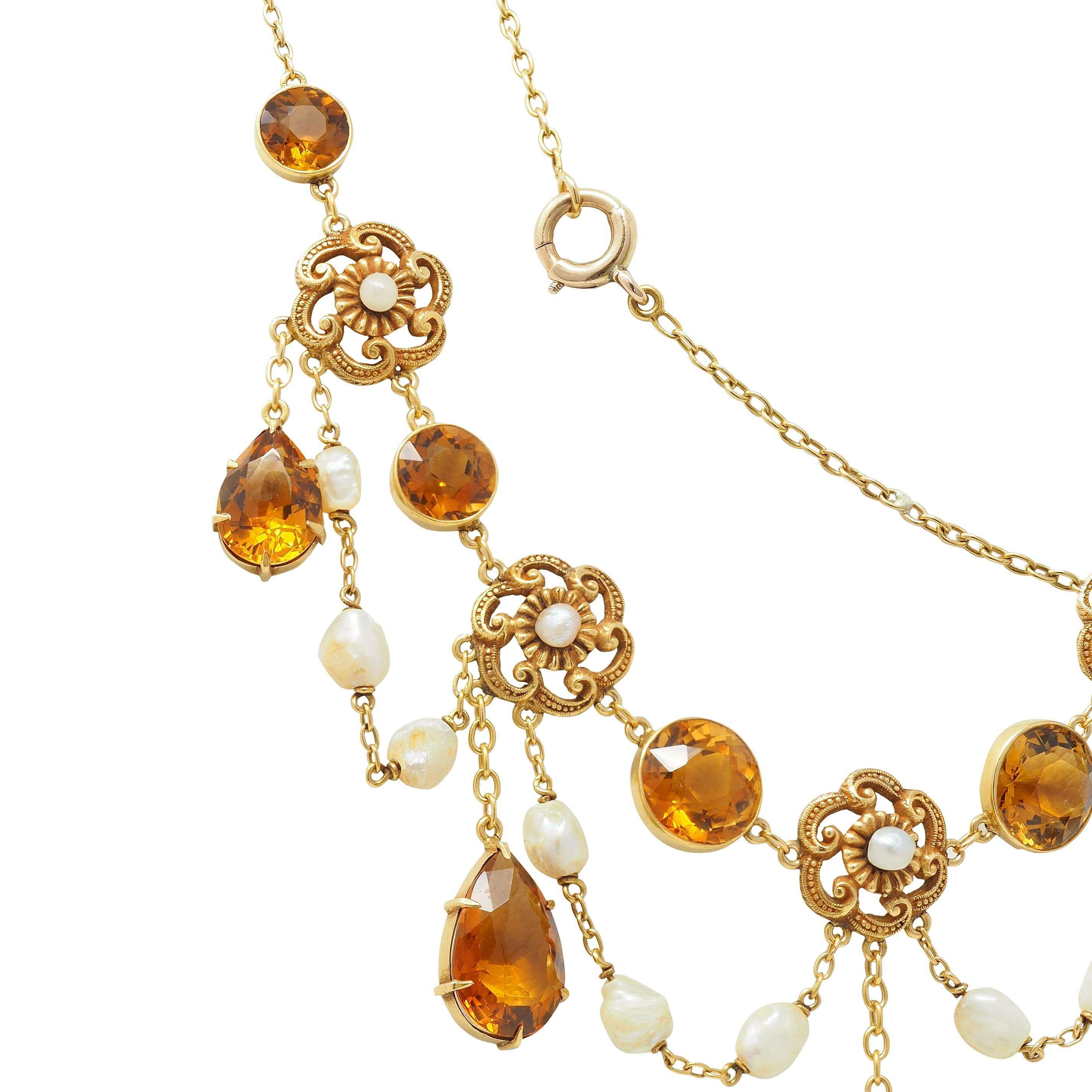 Victorian 23.72 CTW Citrine Pearl 14 Karat Yellow Gold Swagged Antique Necklace