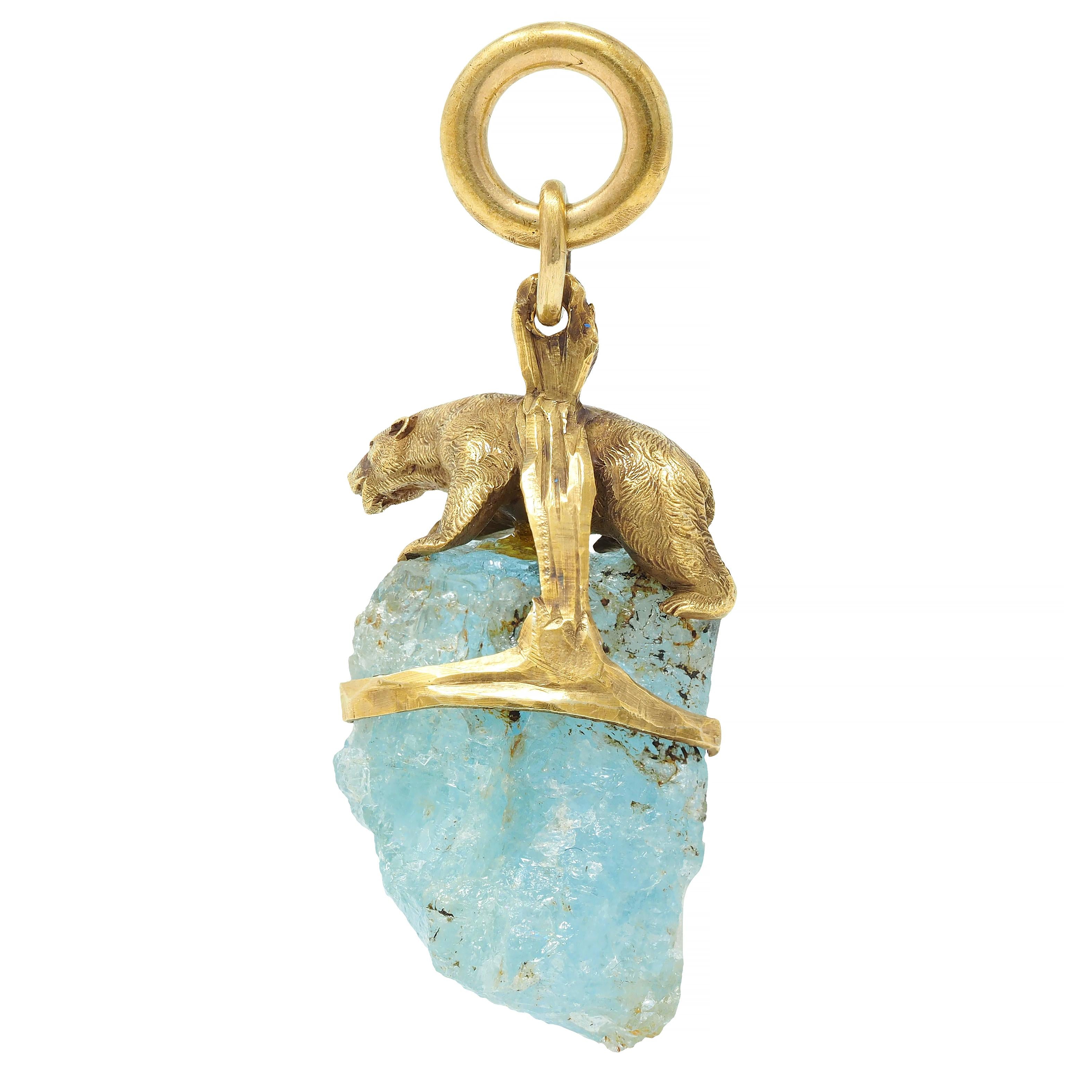 Late Victorian Aquamarine 14 Karat Yellow Gold Climbing Bear Antique Pendant