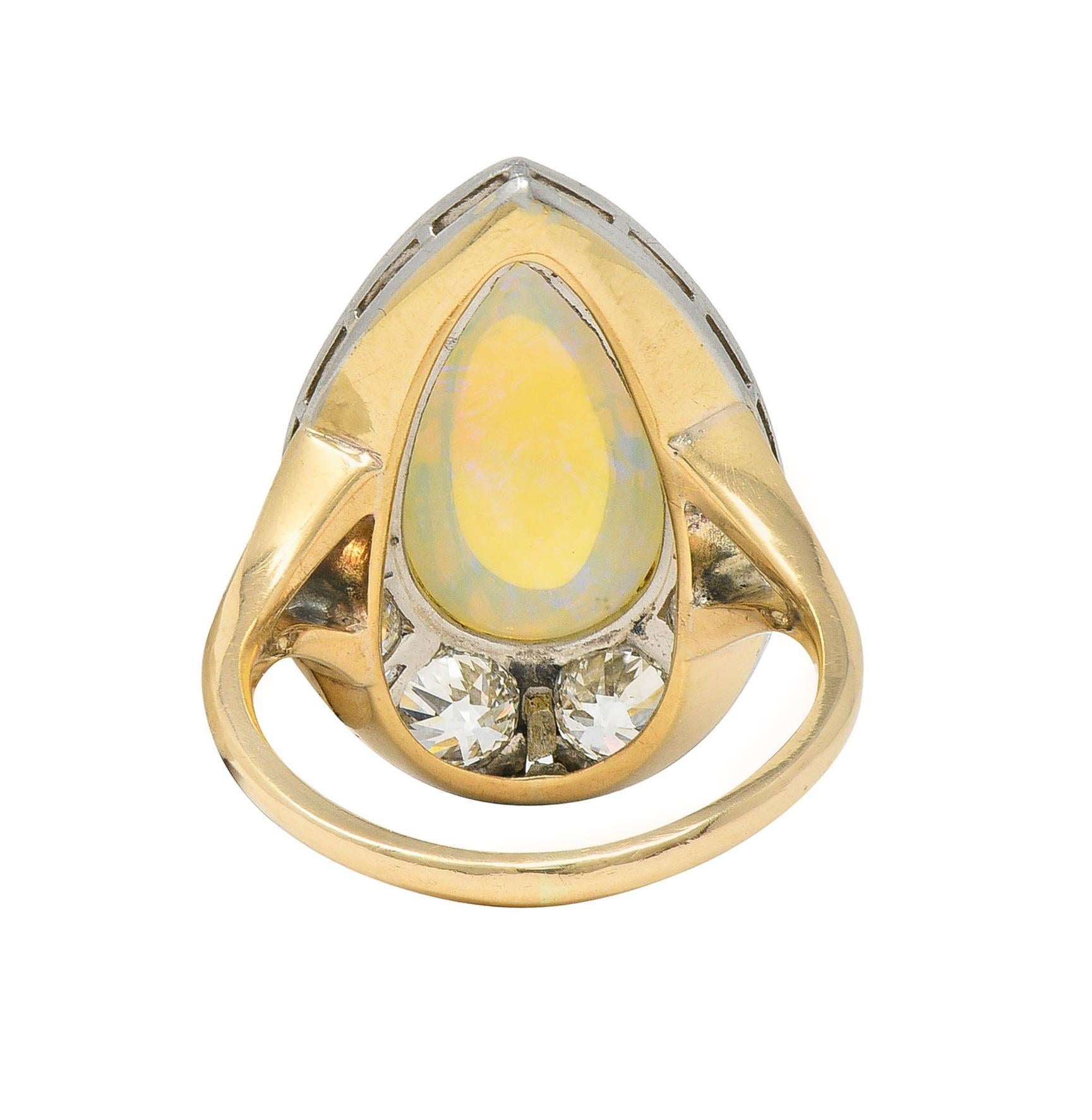 Edwardian Antique Pear Jelly Opal Diamond Platinum 14 Karat Gold Halo Ring