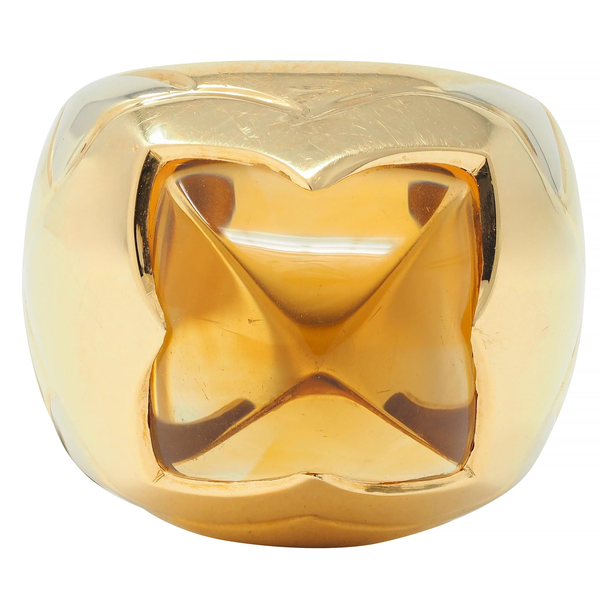 Bulgari Citrine 18 Karat Two-Tone Gold Pyramid Quatrefoil Dome Ring