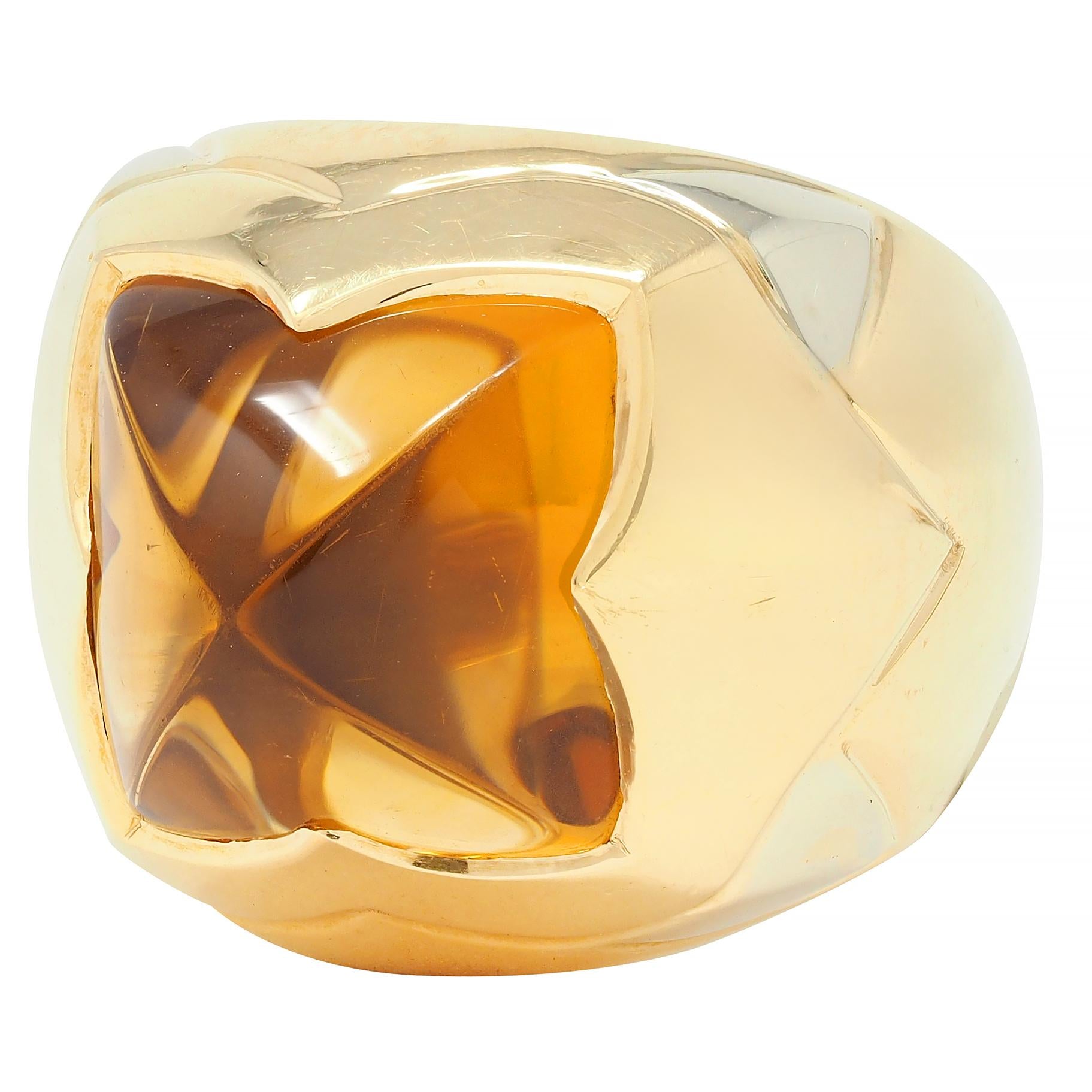 Bulgari Citrine 18 Karat Two-Tone Gold Pyramid Quatrefoil Dome Ring