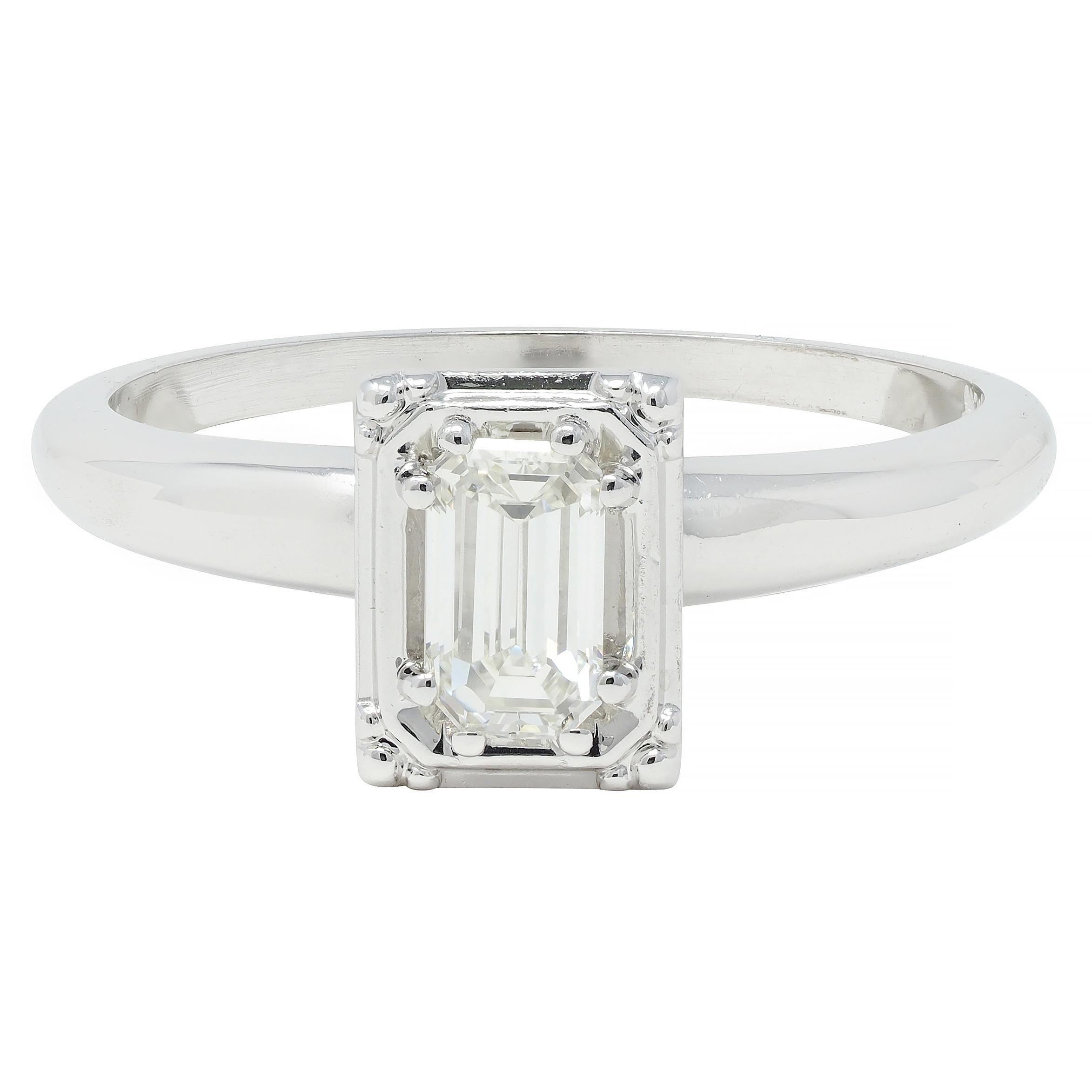 Vintage Mid-Century Emerald Cut Diamond 14 Karat White Gold Engagement Ring