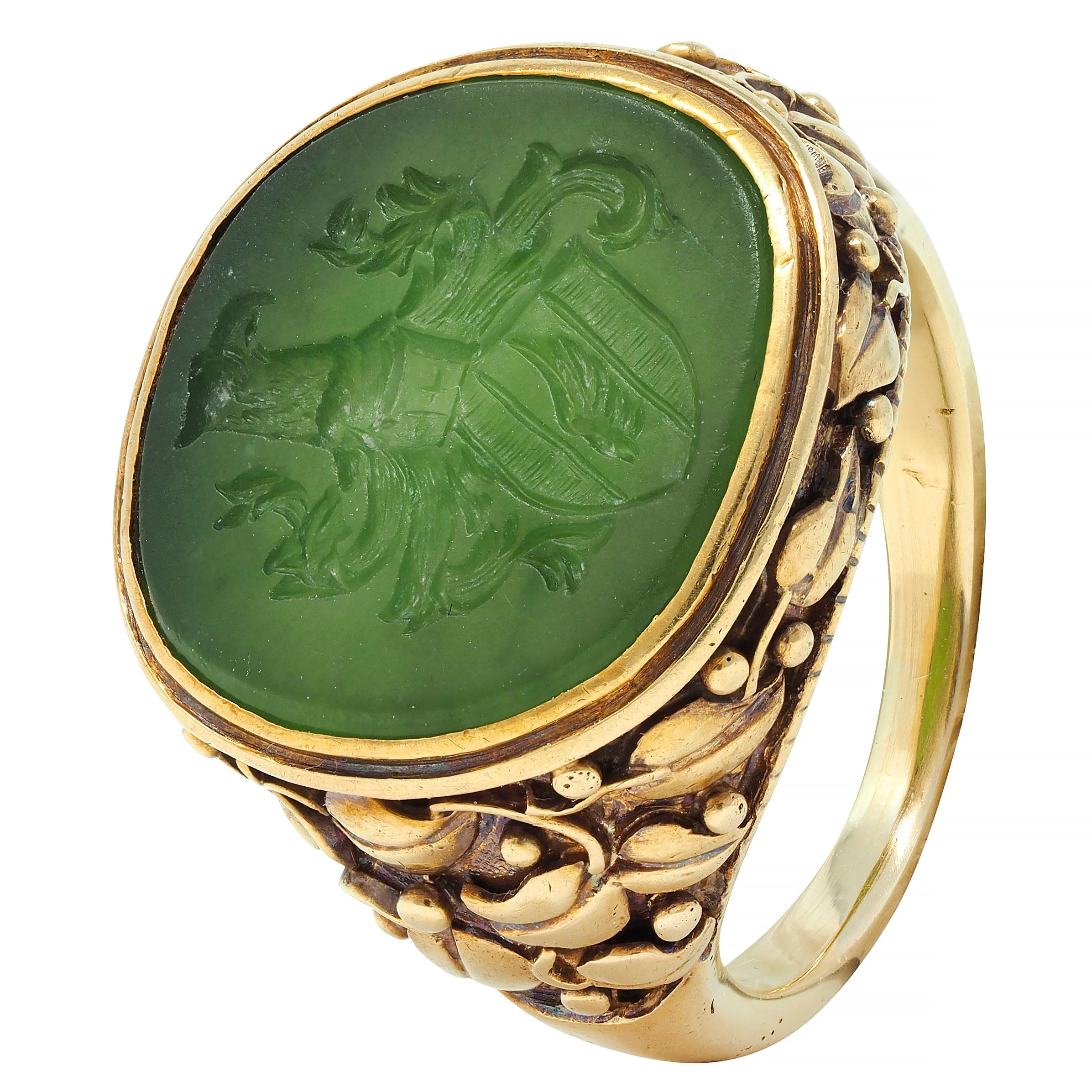 Victorian Nephrite Jade 14 Karat Yellow Gold Heraldry Intaglio Ivy Signet Ring