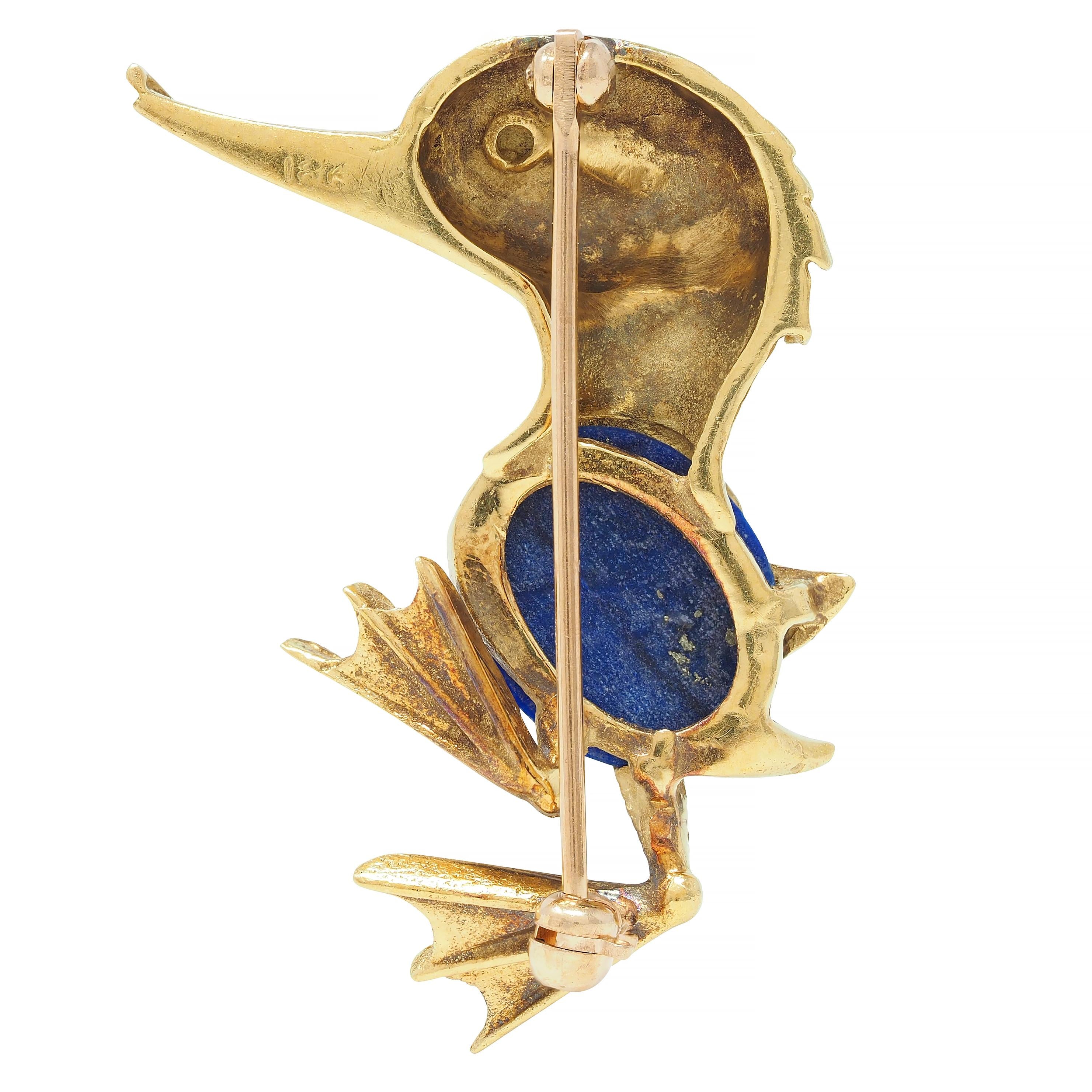 Vintage Lapis Lazuli 18 Karat Yellow Gold Whimsical Duck Brooch