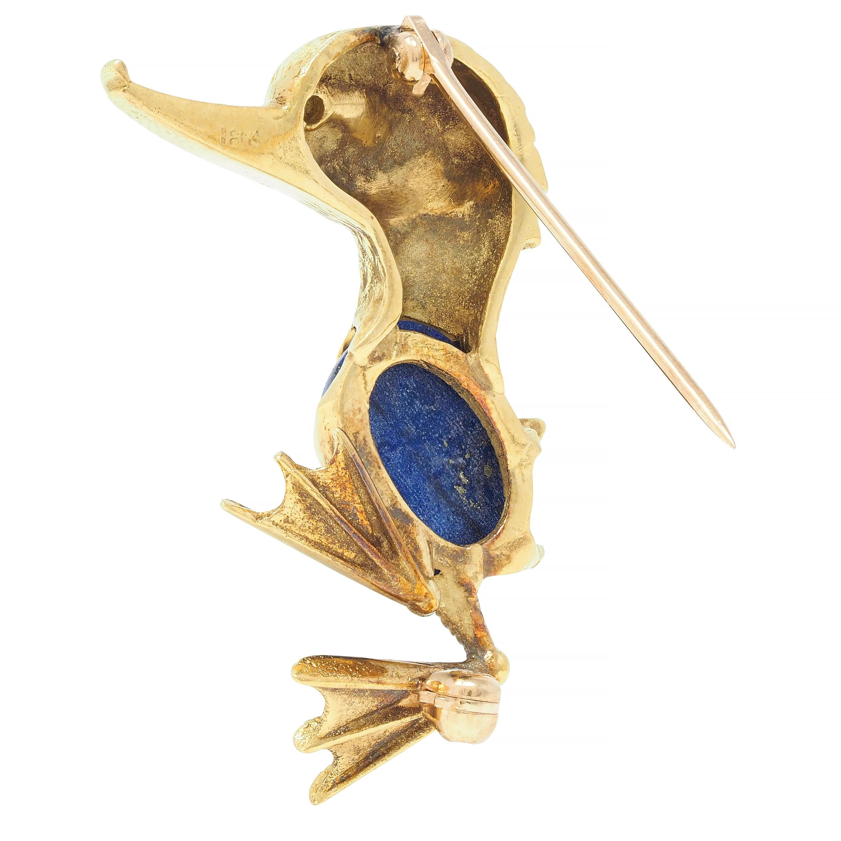 Vintage Lapis Lazuli 18 Karat Yellow Gold Whimsical Duck Brooch