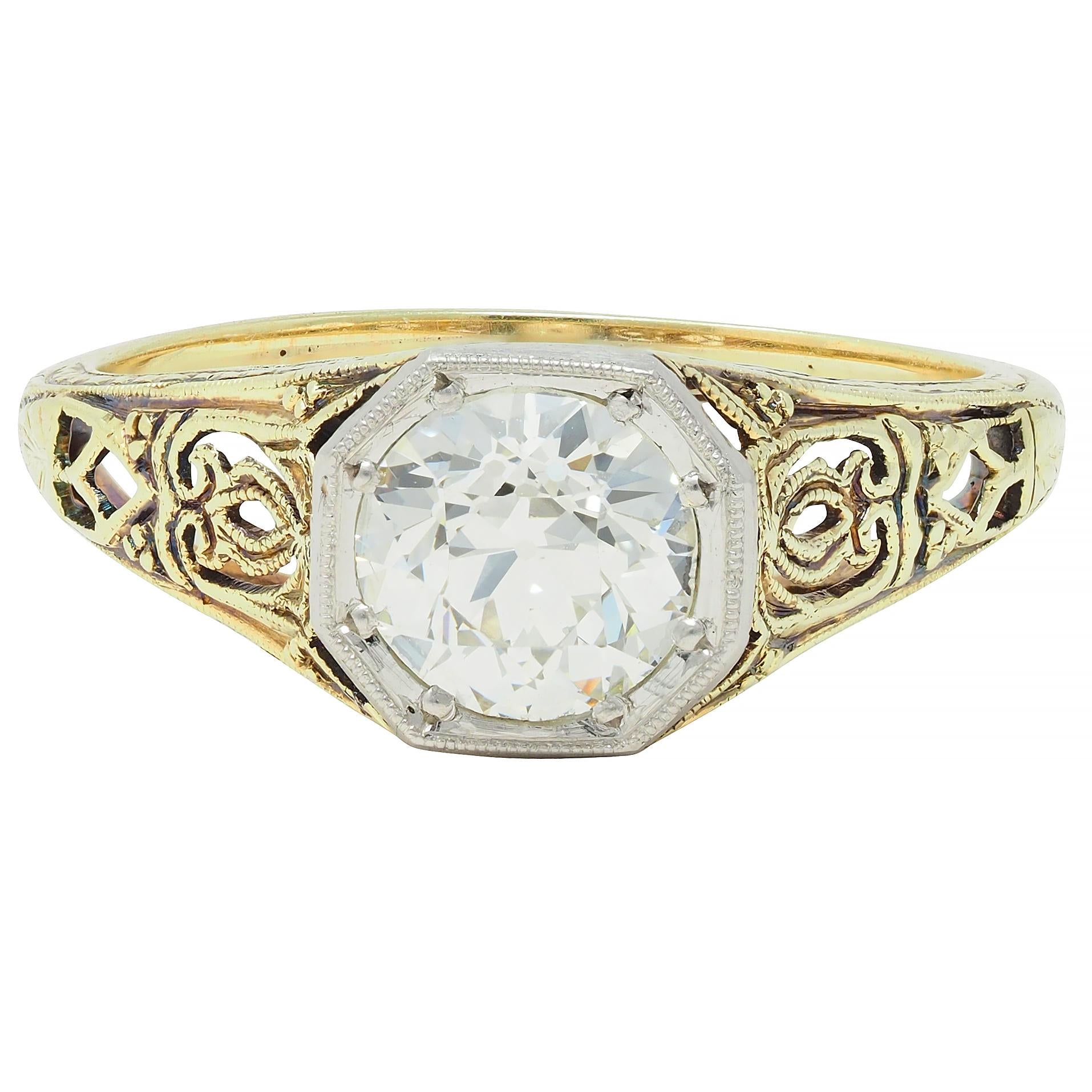 Art Deco Old European Cut Diamond Platinum 14 Karat Gold Antique Engagement Ring