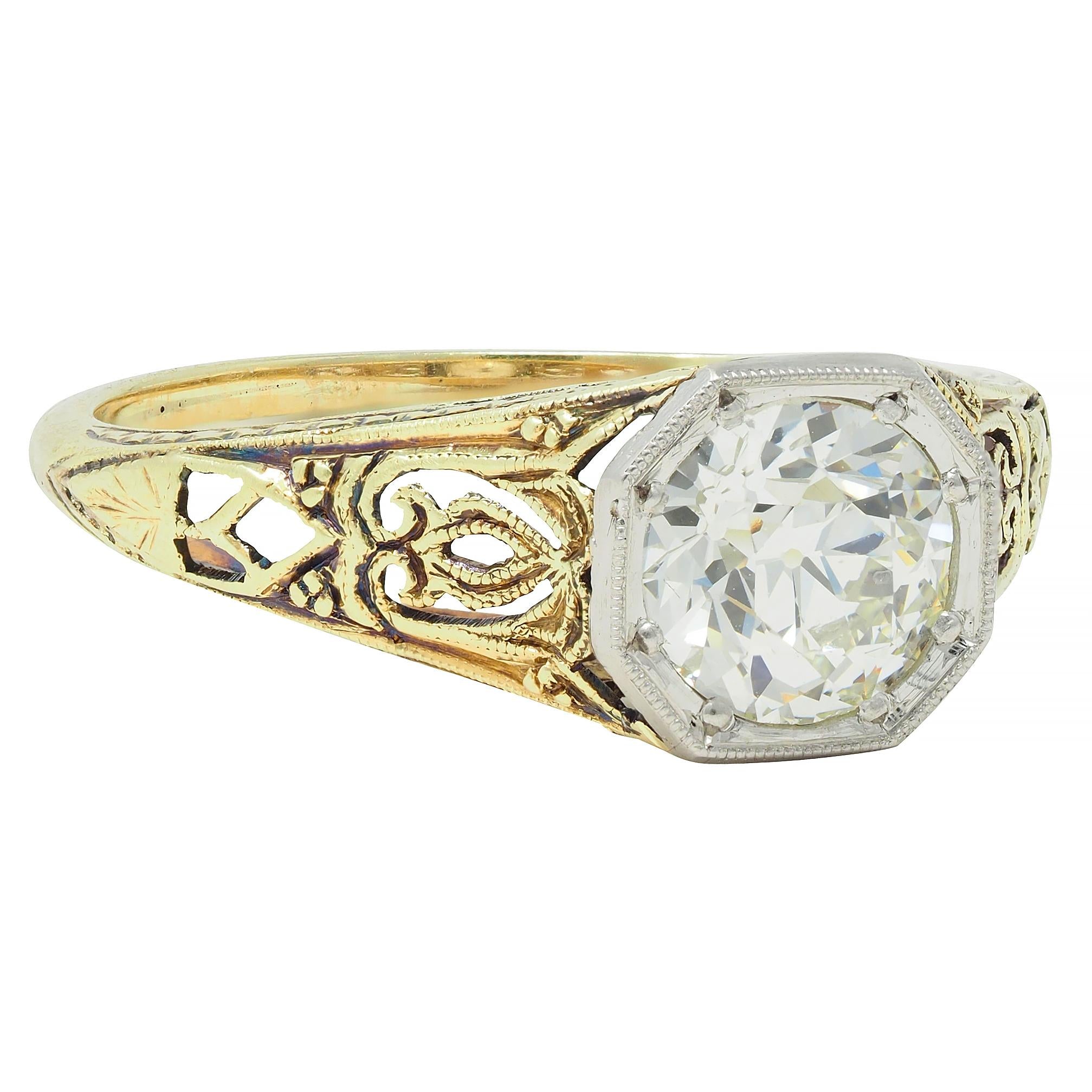 Art Deco Old European Cut Diamond Platinum 14 Karat Gold Antique Engagement Ring