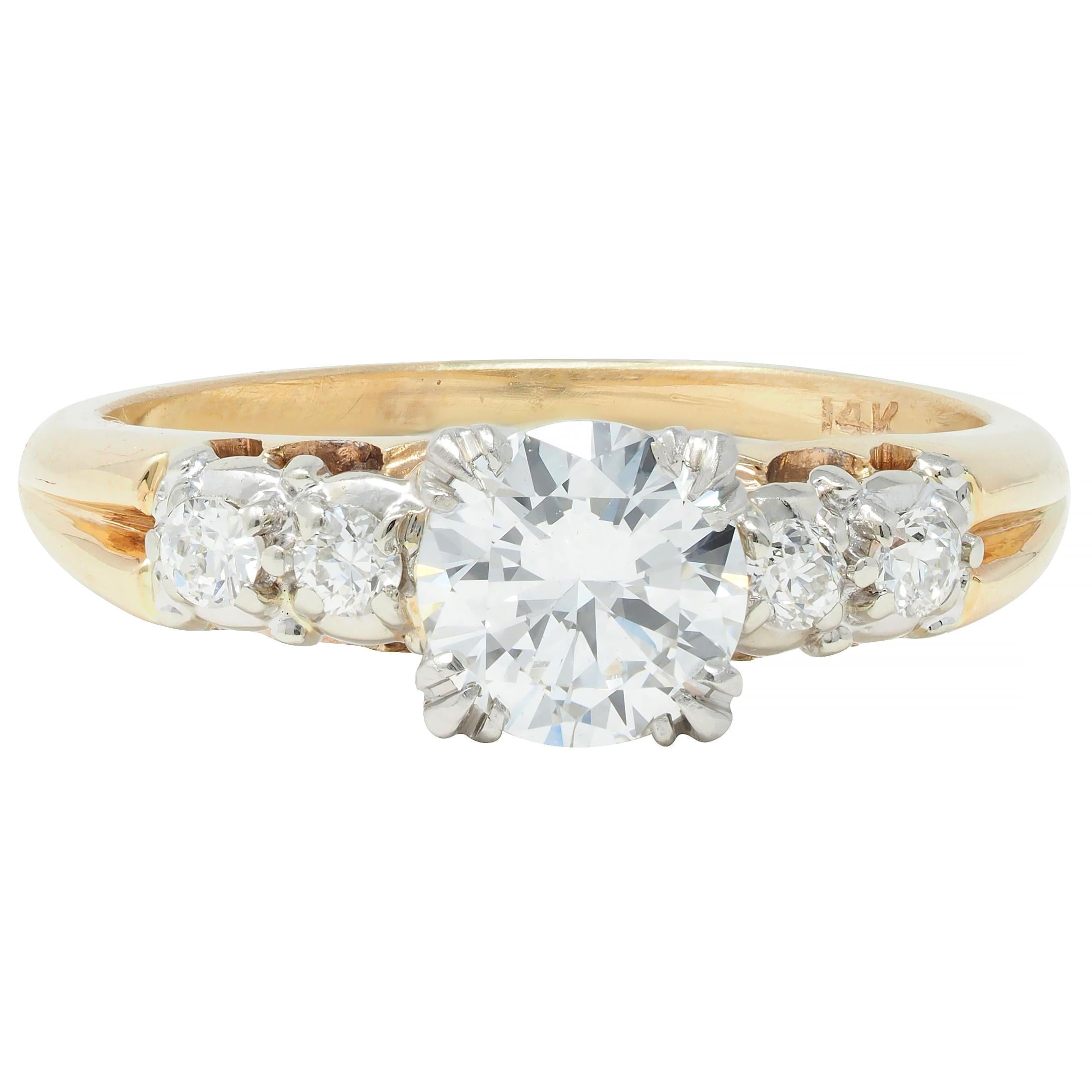 Retro .91 CTW Transitional Cut Diamond Platinum 14K Gold Vintage Engagement Ring