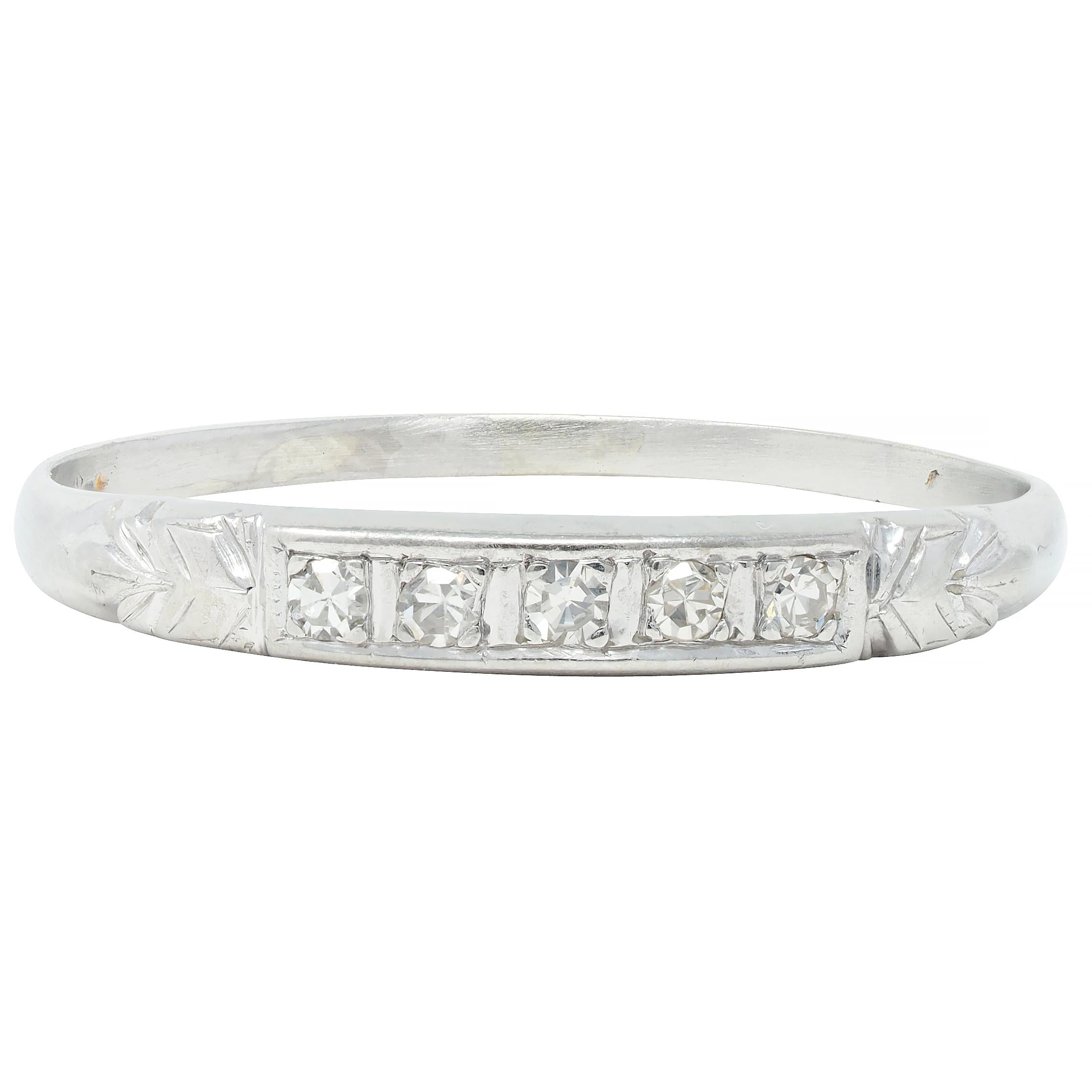 Art Deco Diamond 14 Karat White Gold Five Stone Vintage Wedding Band Ring