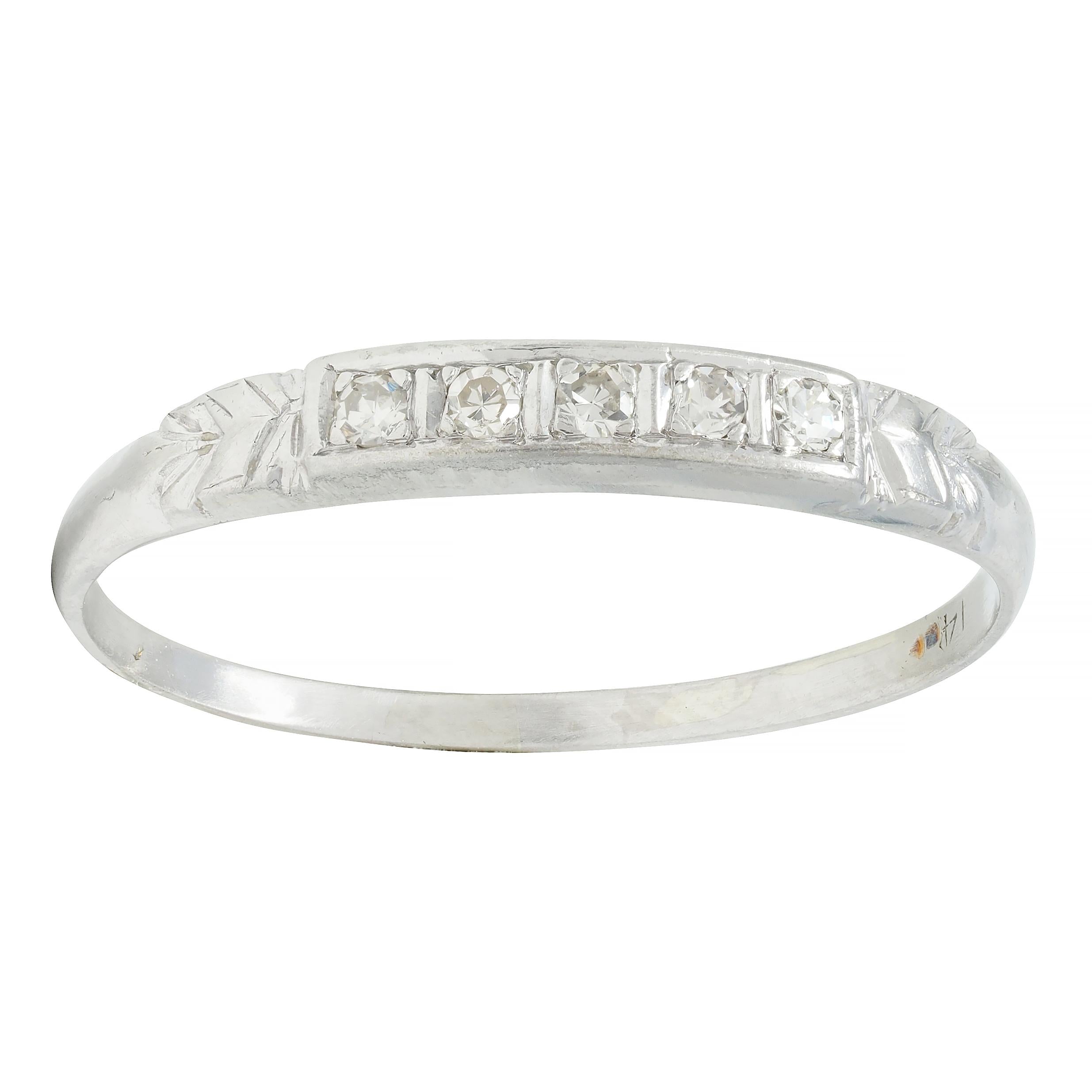 Art Deco Diamond 14 Karat White Gold Five Stone Vintage Wedding Band Ring